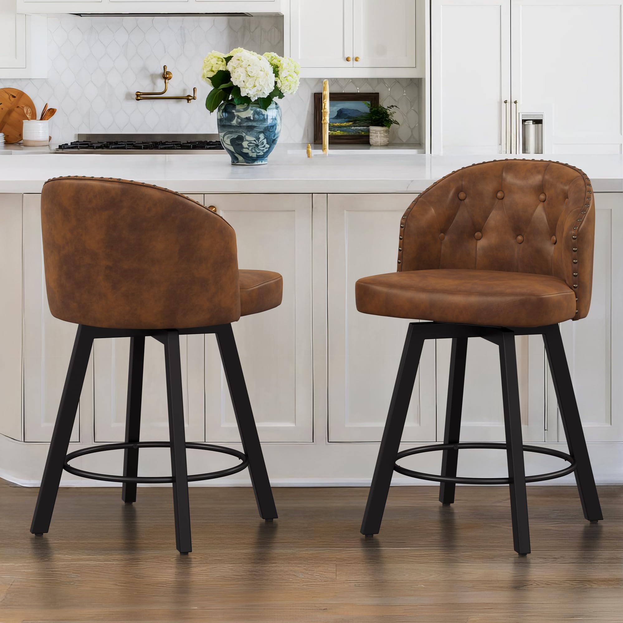 Cozyman Counter Height Bar Stools Set of 2, 26" Swivel Faux Leather Upholstered Bar Stools with Backs and Metal Legs, Retro Counter Stools for Kitchen