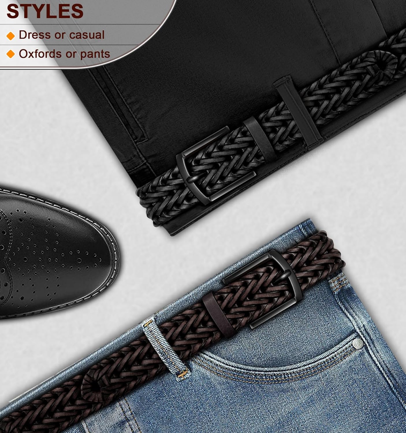 BULLIANT Men Belt 2Pack,Braided Woven Leather Belt For Men Golf Casual Jeans 1 3/8" - Image 7