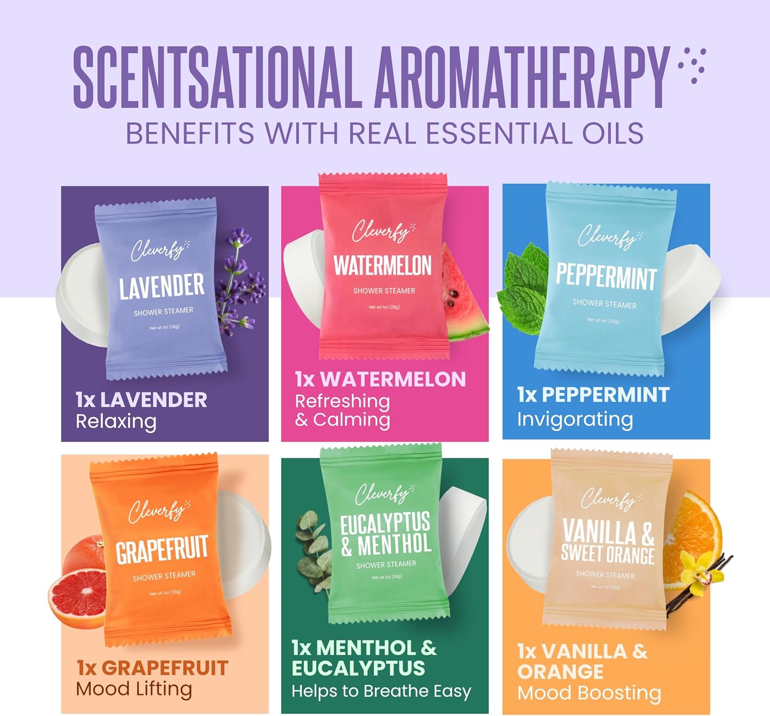 Six different Cleverfy Shower Steamers with their respective scents and benefits