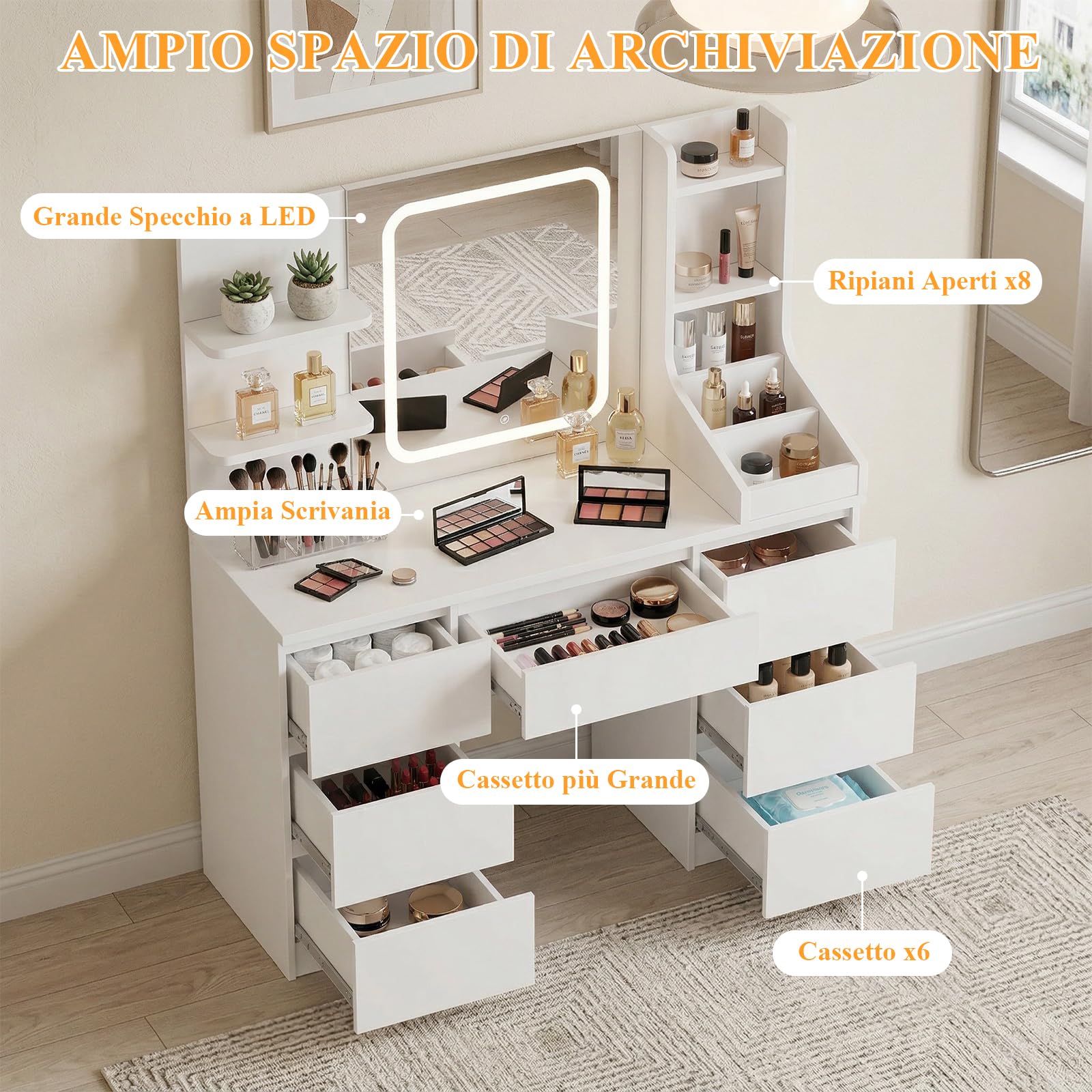 TRIUMPHKEY Toeletta Trucco con Specchio LED XL, Postazione Trucco 110cm con 7 Cassetti Alti per Bottiglie, 3 Ripiani, Design Eco-Sostenibile RCS, Regalo Perfetto, Bianco