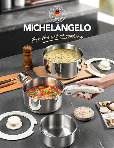 Miniatura 9 de MICHELANGELO Juego de 6 ollas de acero inoxidable con mango extraíble, cacerola de acero inoxidable de base triple con tapas, juego de cacerolas de