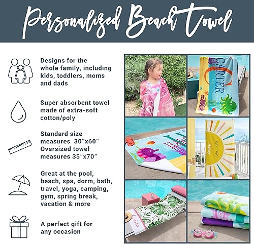 Miniatura 6 de Let's Make Memories Toalla de playa personalizada, diseño de criaturas marinas y lentes de sol, toalla única para piscina, tamaño estándar, mezcla