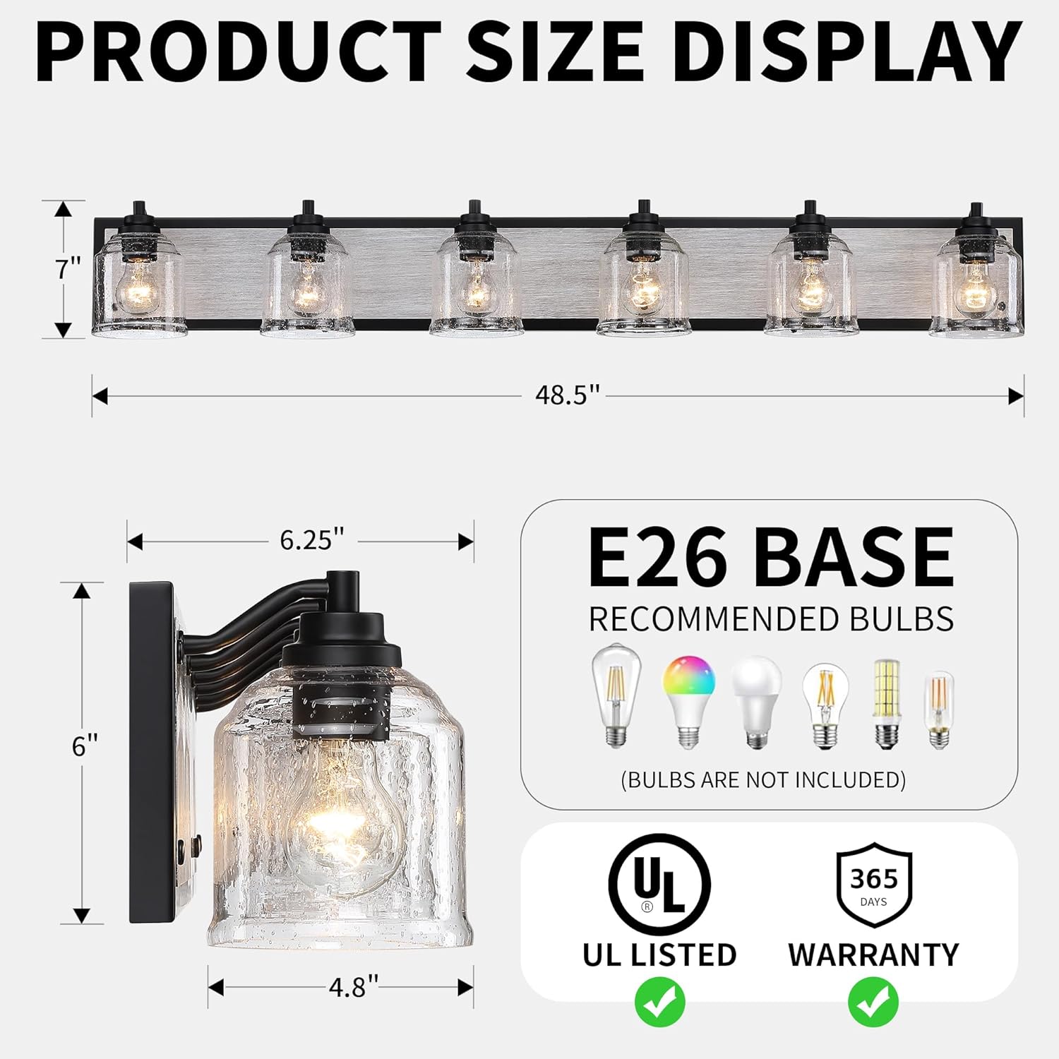 Vanity Lights for Bathroom Large 48 inch, Farmhouse Rustic Vanity Light with Bubble Glass Shades, Gray 6 Light Bathroom Lighting Fixtures Over Mirror, Bath Wall Sconce Home Decor