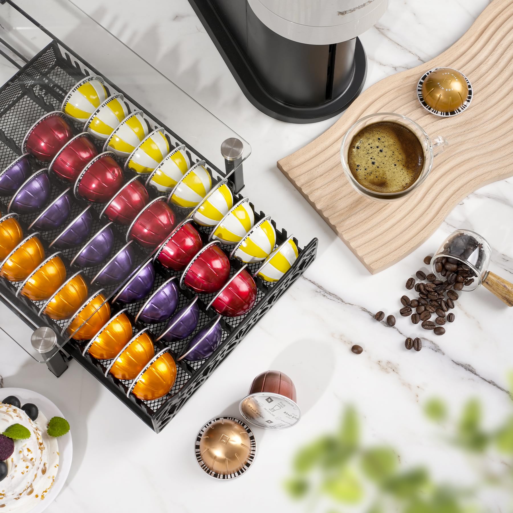 RECAPS Organizer aus gehärtetem Glas, kompatibel mit Nespresso-Vertuo-Kapseln, K-Pod-Schublade, Kaffeemaschinen-Ständer