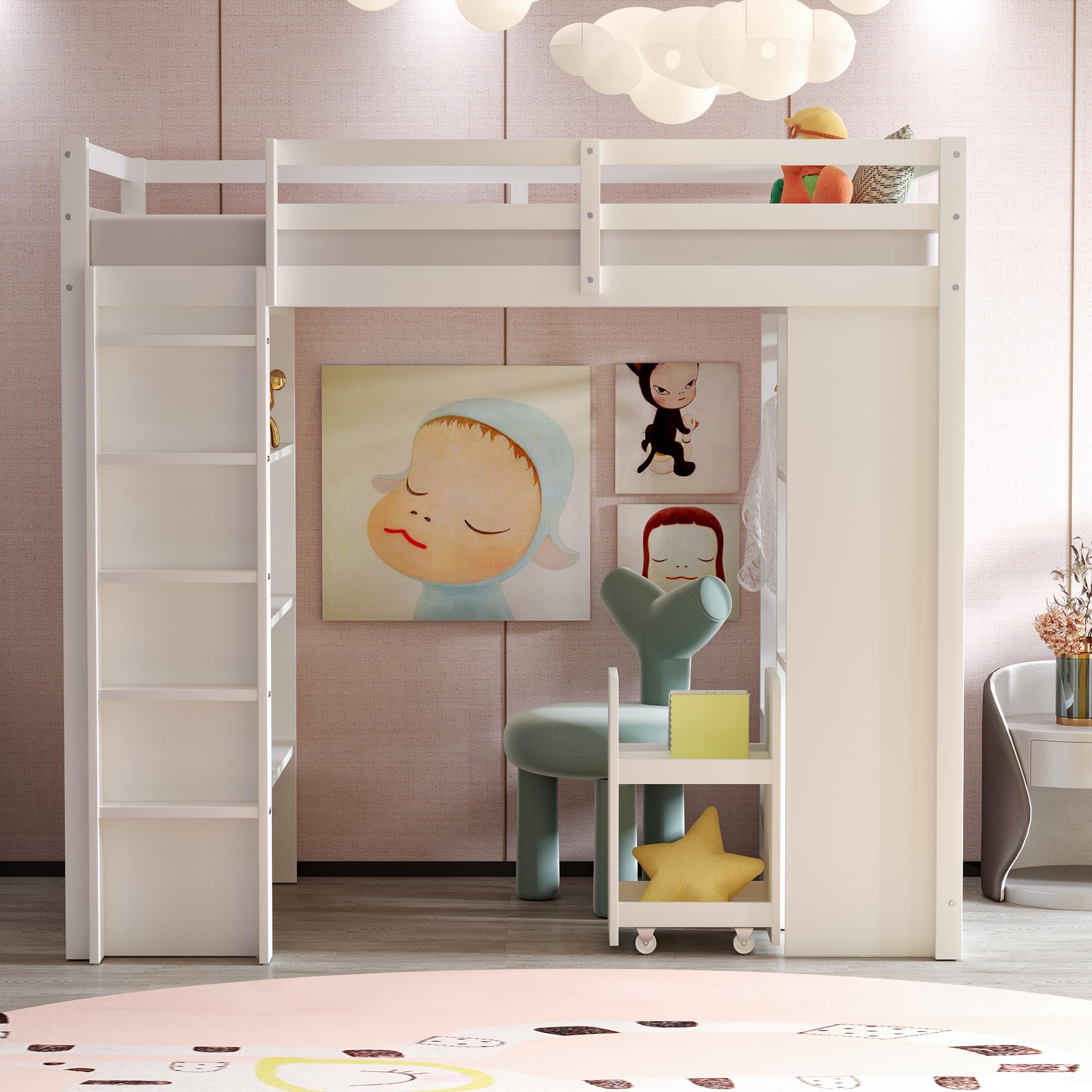 Azkoeesy Cama Individual Alta 90x200 cm, con 3 Grandes estantes de Libros, Perchero, Carro, somier y barandilla, para Adolescentes y Adultos, Madera de Pino, Color Blanco