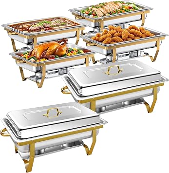 Chafing Dish Buffet Set, Chafing Dishes for Buffet 9QT, Gold and Silver Chafers and Buffet Warmers Sets for Wedding, Rolled-Edge Design, 6 PACK