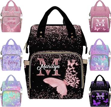 InterestPrint Custom Diaper Bag Backpack for Mom Pink Butterfly Sparkling Pattern Personalized Name Large Nappy Nursing Orangizer Mommy Bags, Waterproof Travel Daypack for Dad Mom Gifts