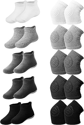 10 Pairs Baby Crawling Anti Slip Knee Pads and Anti Slip Baby Socks Set Unisex Toddler Knee Protectors Non Slip Ankle Socks