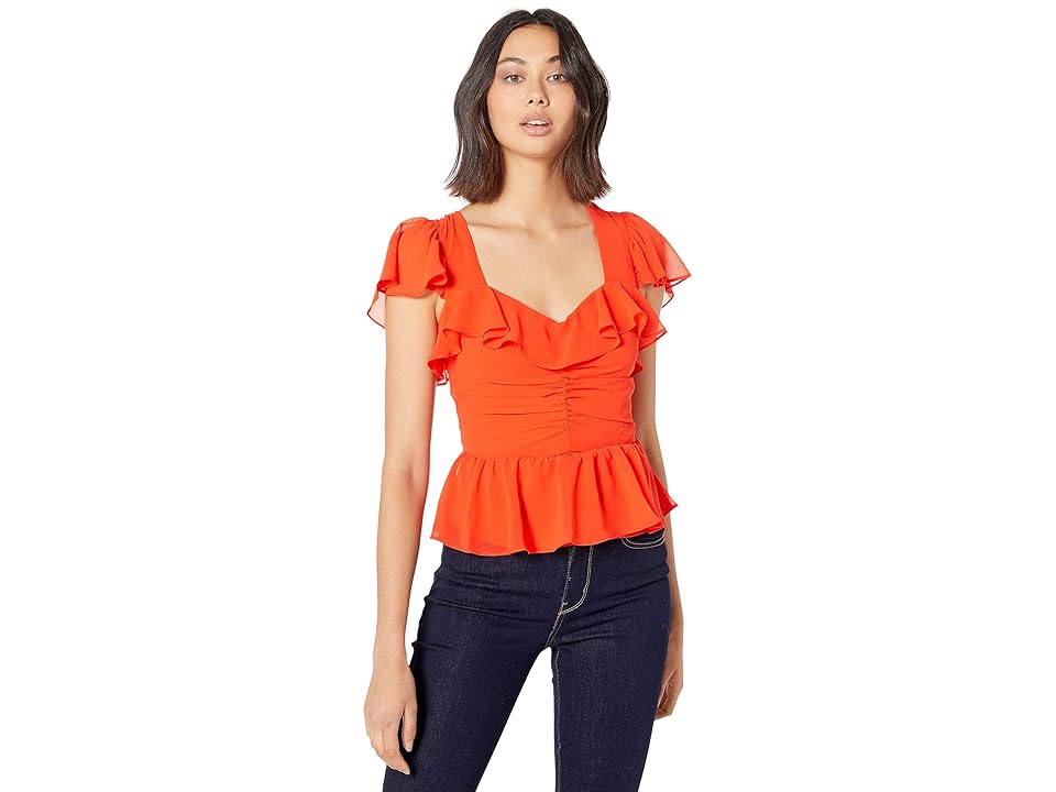 

Bebe Ruffle Sleeve Top (Tangerine Tango) Women's Clothing, Orange