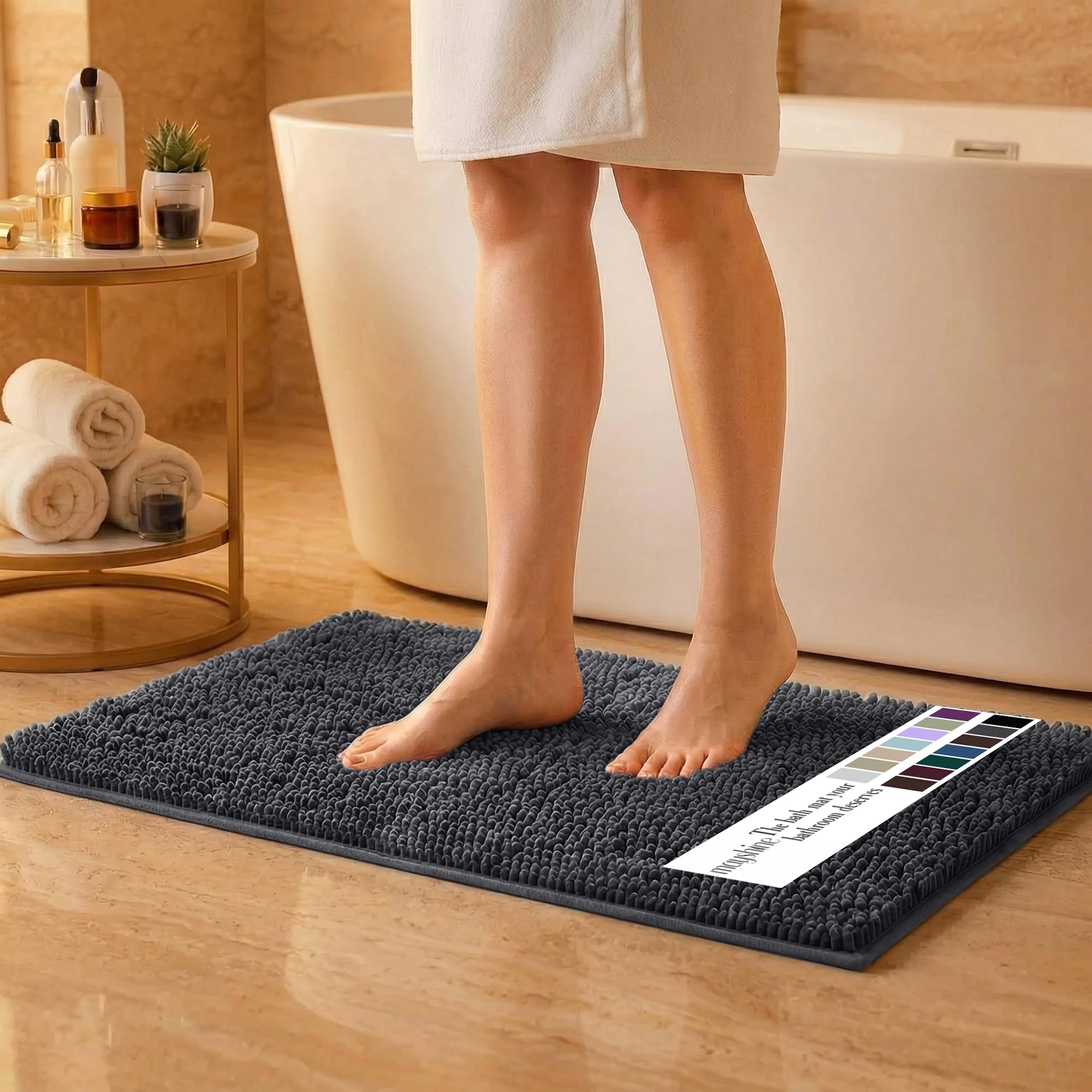 MAYSHINE Small Plush Shaggy Chenille Bath Mat 24"x17" Extra Soft, Super Absorbent, Non-Slip Bathroom Rug | Fluffy Microfiber, Area Rug Sets for Bathroom Floor, Kitchen, Living Room | Charcoal Gray