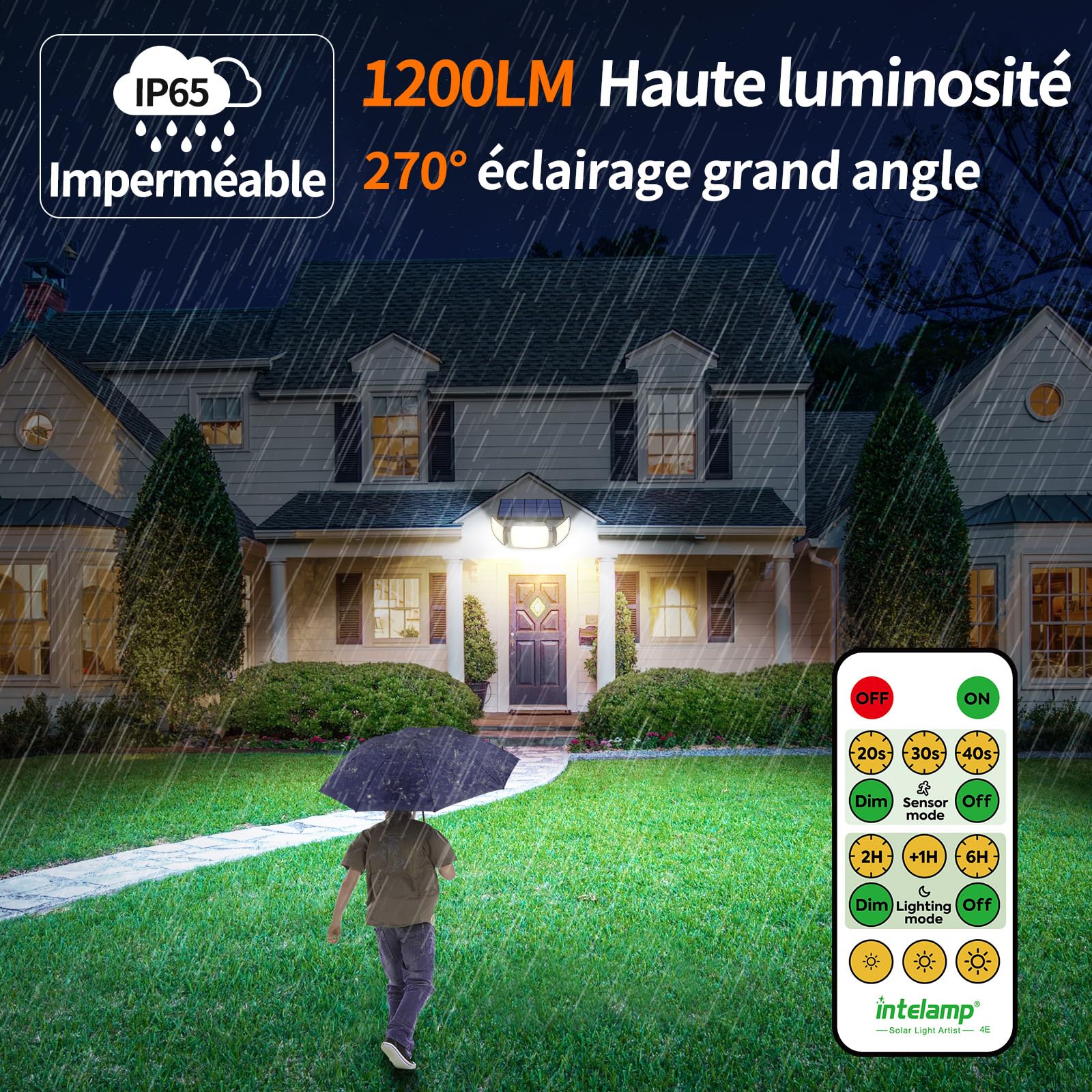 intelamp Lampe Solaire Exterieur avec Detecteur de Mouvement | 4 Modes & Télécommande Eclairage Solaire,IP65 Etanche Projecteur Solaire Exterieur pour Jardin, Garage, Patio