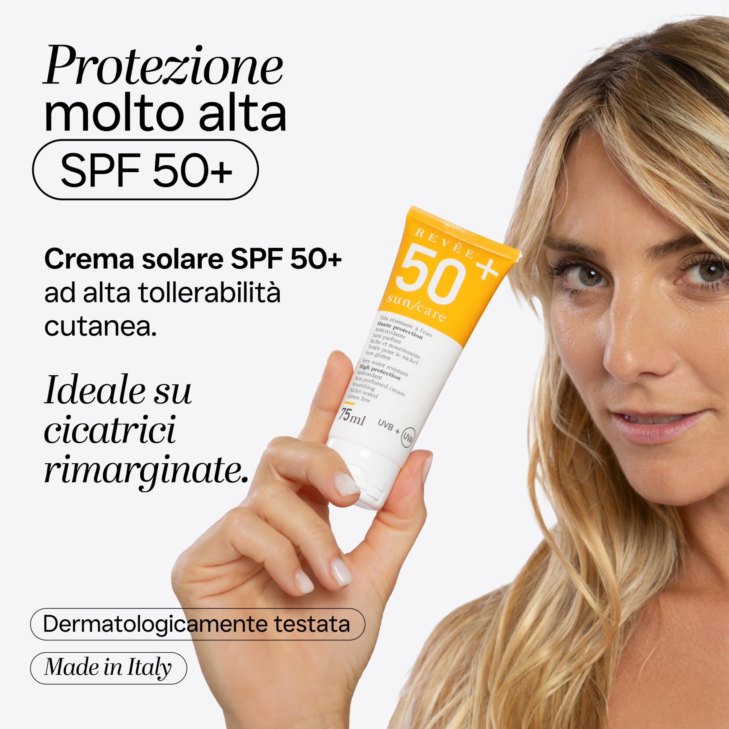 REVÉE Sun Care, Protezione Solare Cicatrici - SPF 50+ Viso e Corpo – Protegge Cicatrici, nei, Macchie Solari – Made in Italy – Nickel Tested, Gluten Free – 150 ml