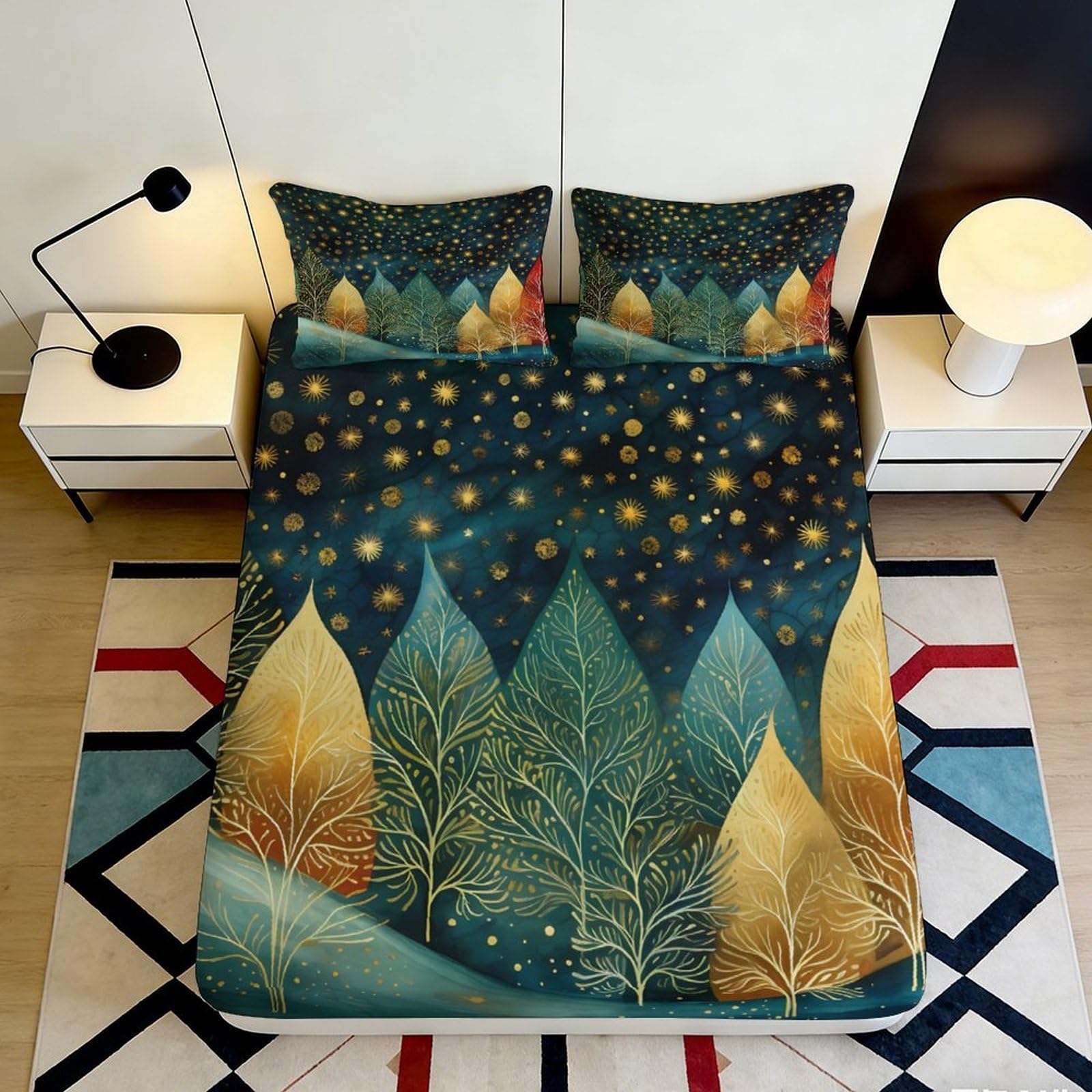 3D Printed Starry Night Fitted Sheet Microfiber with Gold Leaves Bed Cover for Bedroom Dormitory Guest Room Mattress Protection and Decoration 120x200x25cm