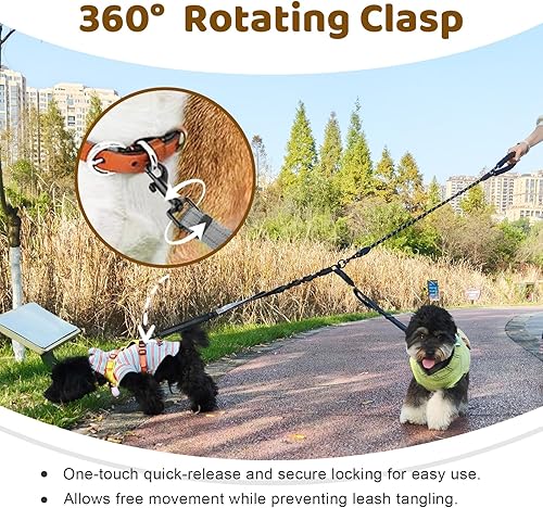 Miniatura 3 de Correa doble para perro, divisor sin enredos para dos perros, acoplador con cuerda de plomo larga ajustable, asas de control dual, elástico