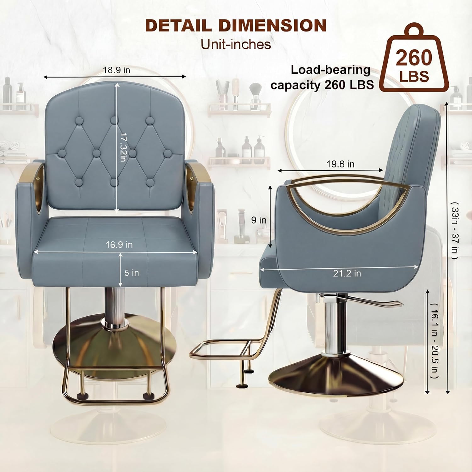 Professional Hydraulic Salon Chair with 360° Swivel & Foot Pump, Industrial-Grade Hydraulic Barber Chair for Hair Salon, Tattoo & Beauty Spa, Black & Gold, Hollow Armrest, Blue, Hollow Armrest