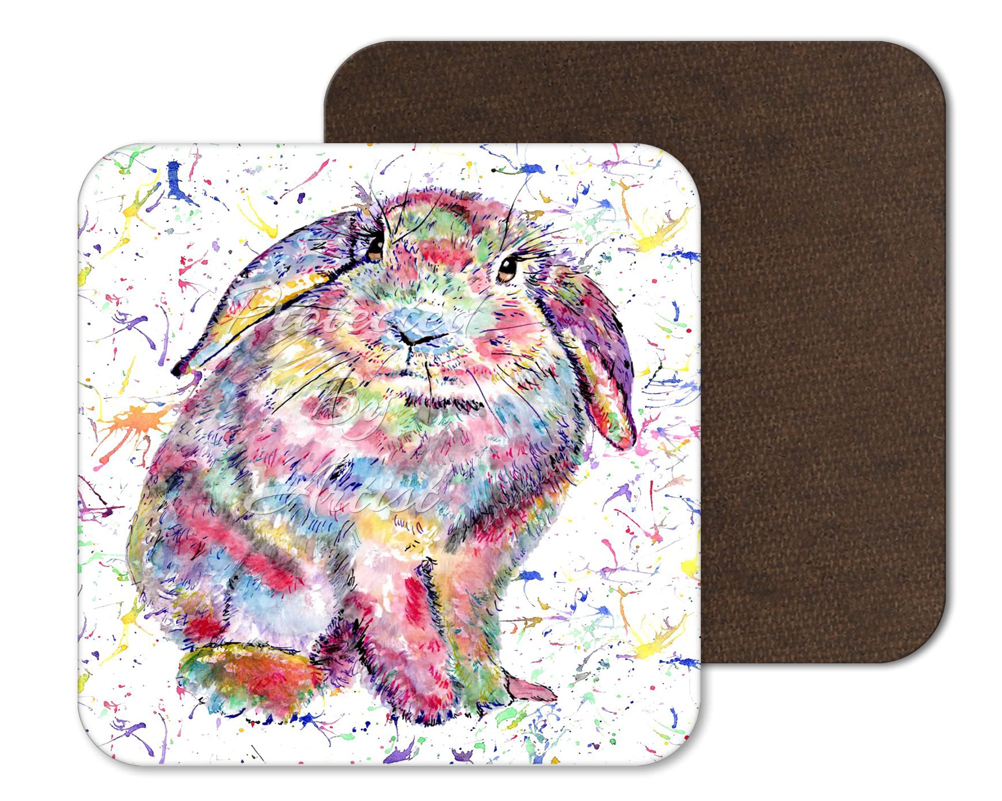 Vixar Coaster Lop Rabbit Bunny Eared Wildlife Animals Coasters Watercolour Art Gift Work Office Dining Tea Coffee (1)