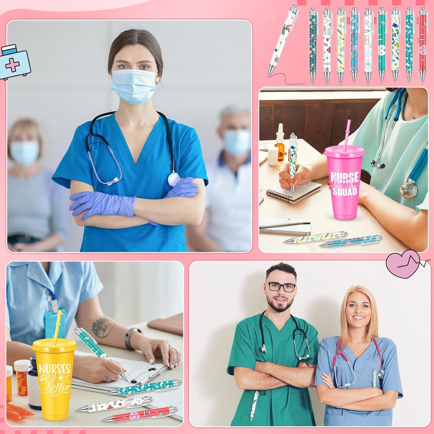 Teenyyou 48 Pcs Nurse Appreciation Gifts Bulk Thank You Gifts Set with Nurse Tumbler Makeup Bag Doctor Ballpoint Pens Stethoscope Rn Bracelet for Nursing Holiday Favors(Artistic,Vibrant Color)