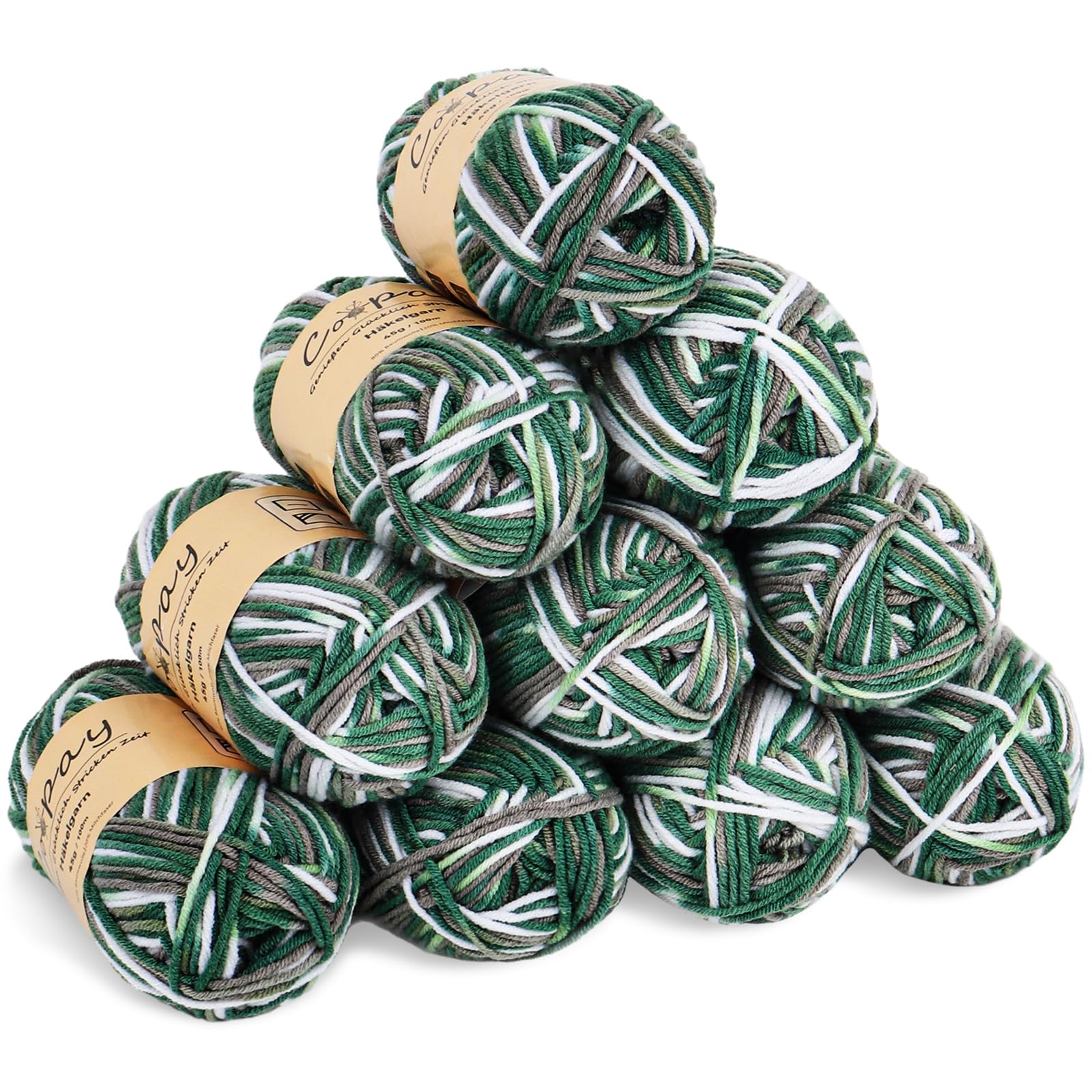 Coopay Wolle zum Häkeln, Farbverlauf Häkelgarn 10x45g, Wolle zum Stricken, Weiche Bunt Milchfaser Baumwolle zum Häkeln, 5-Fädig, Schöne Häkelwolle für Schal, Socken, Babykleidung, Puppe - Dunkelgrünes