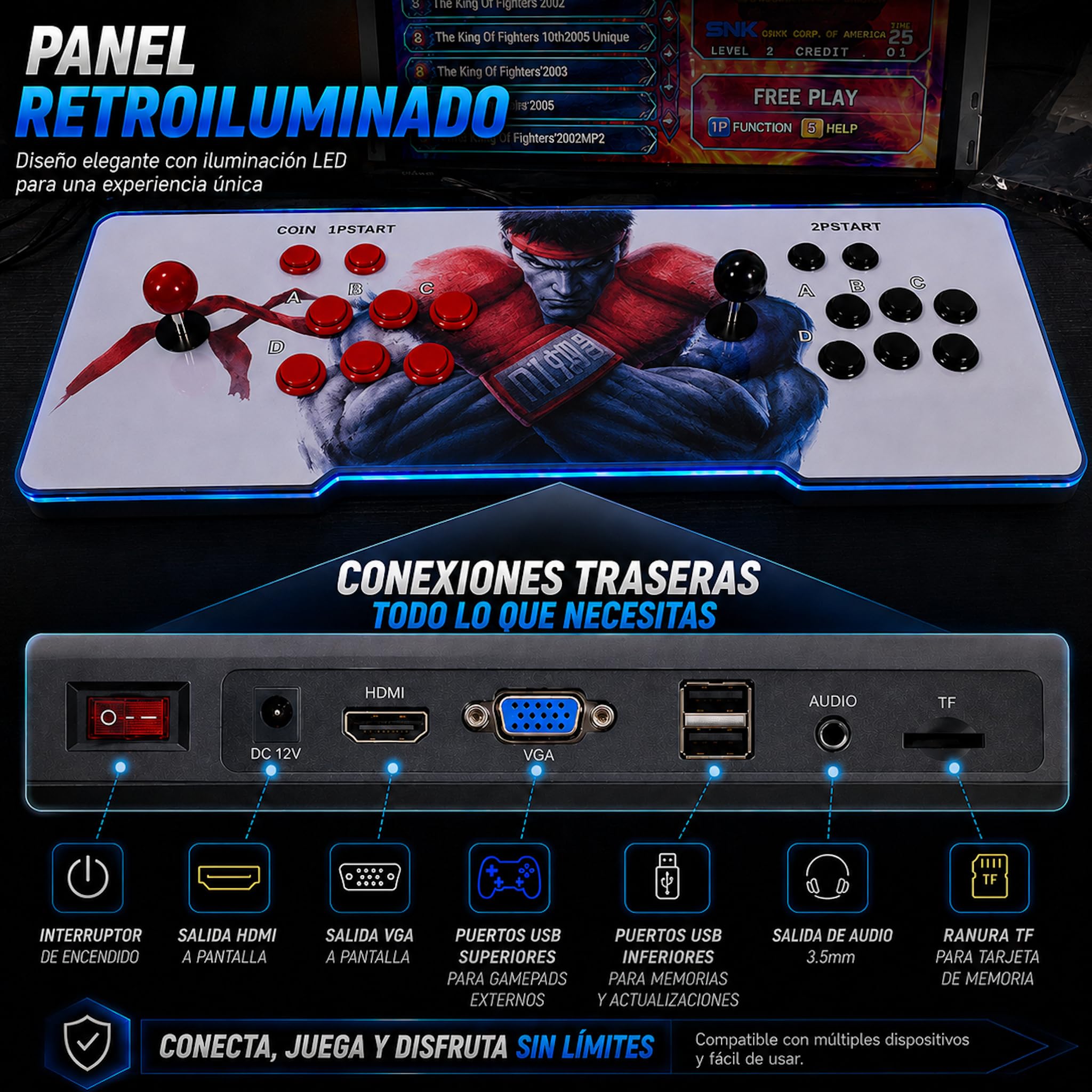 Maquina Arcade con 9800 Titulos. Consola Arcade Que Incluye 6 Botones por Jugador, 2 joysticks Estilo Sanwa DX2 Sistema Plus Saga