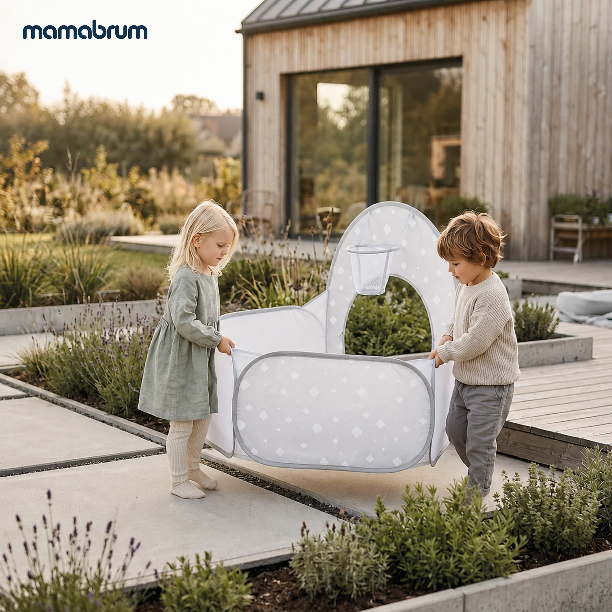 Mamabrum Spielset 3-in-1 Zelt Schloss mit Tunnel und Ballbecken, Faltbarer Spielplatz für Haus und Garten, Grau mit Weiß, Polyester, Metall, 50 x 60 x 100 cm