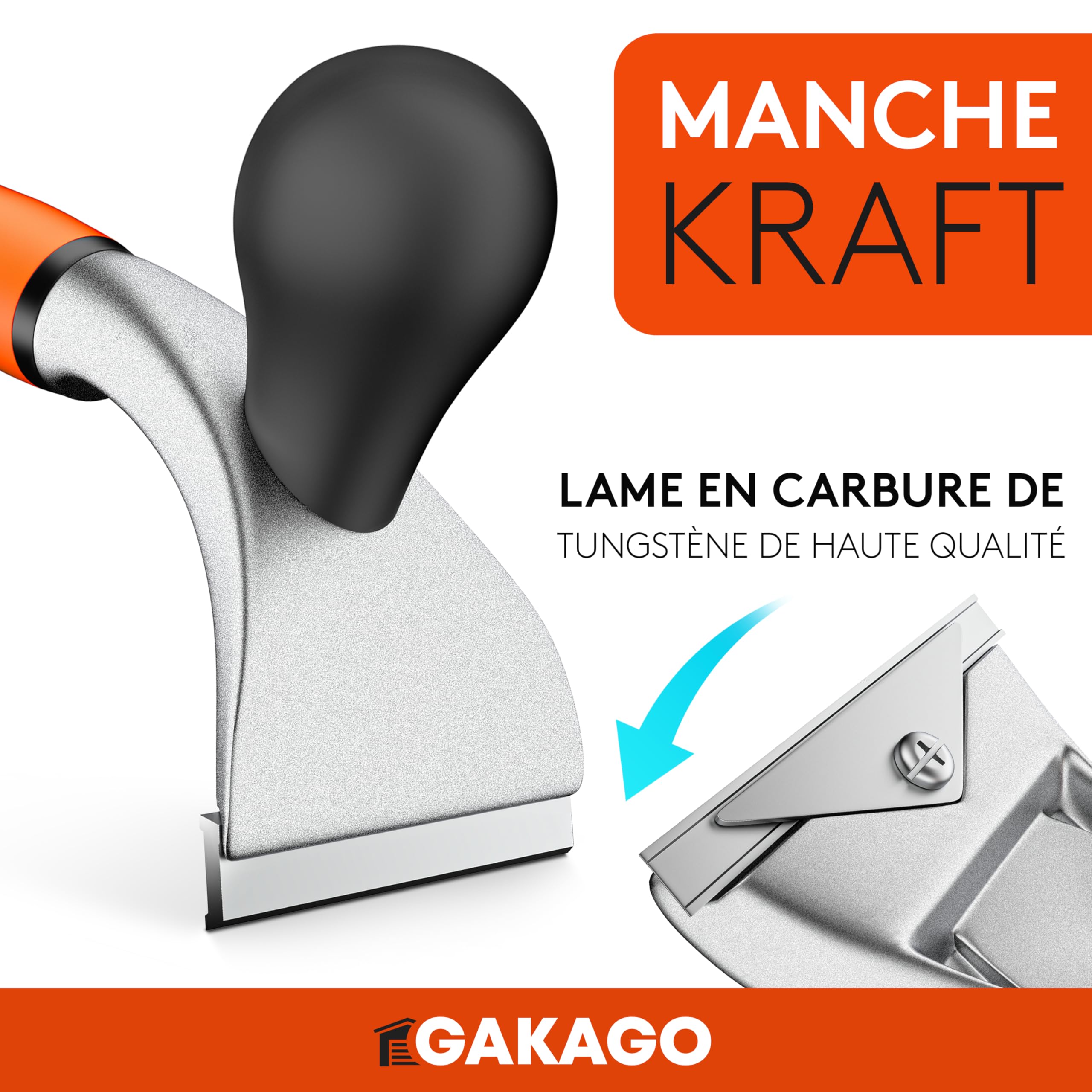 Gakago Grattoir de force - Lame de 65mm de haute qualité en carbure de tungstène durable - Grattoir universel ergonomique & antidérapant pour le bois, le métal, le béton ou la pierre