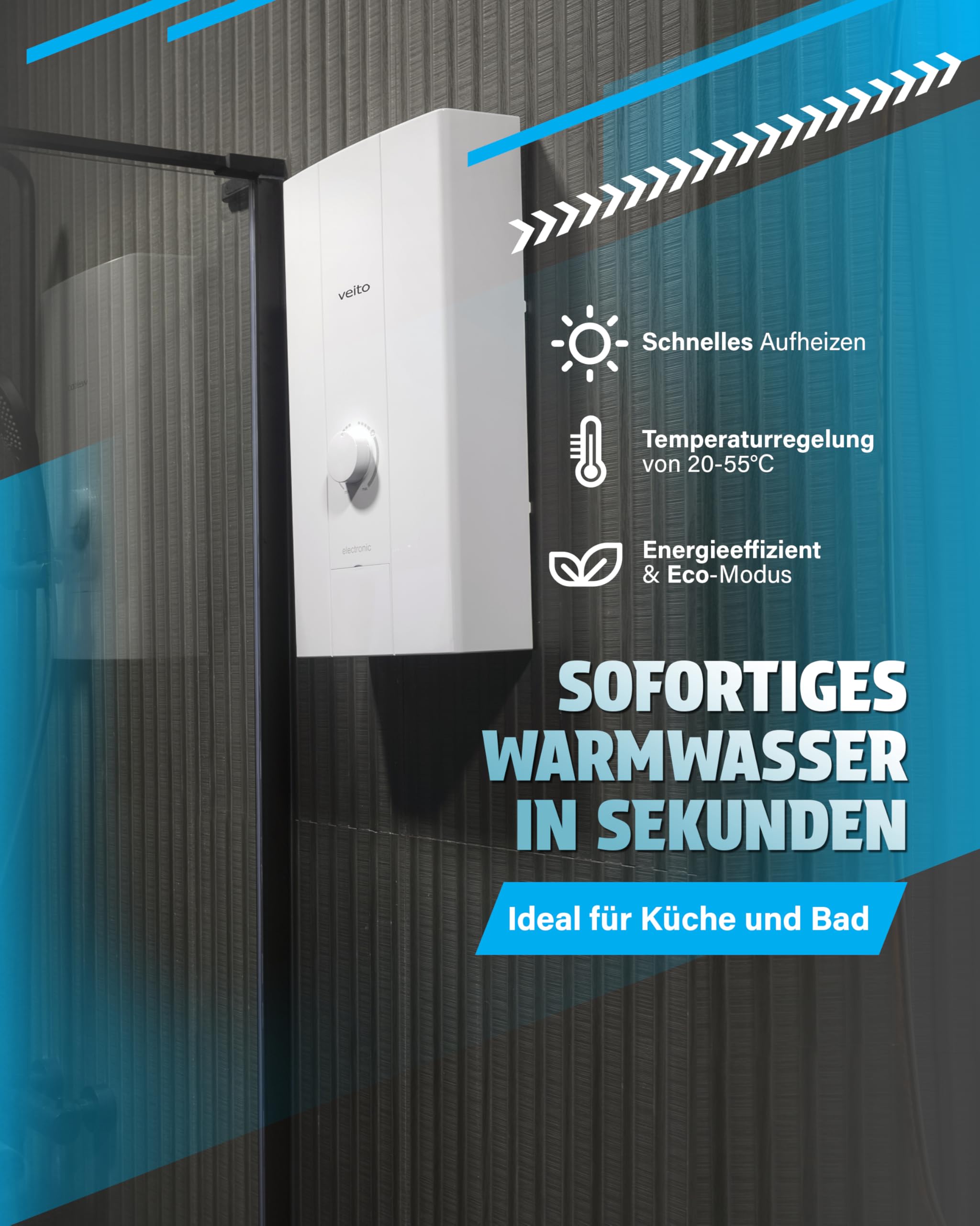 Veito Blue E - Voll Elektronischer Durchlauferhitzer 21KW - 3 Phasen 400 V - Sofortiges Warmwasser, Energieeffizient