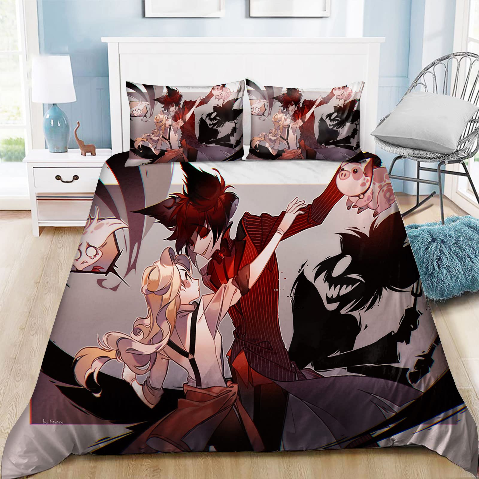 Hazbin Set Biancheria Da Letto 3 Pezzi Con Stampa Anime, Copripiumino E 2 Federe, Morbido Misto Lino, Taglie Singolo Matrimoniale King, Regalo Per Fan