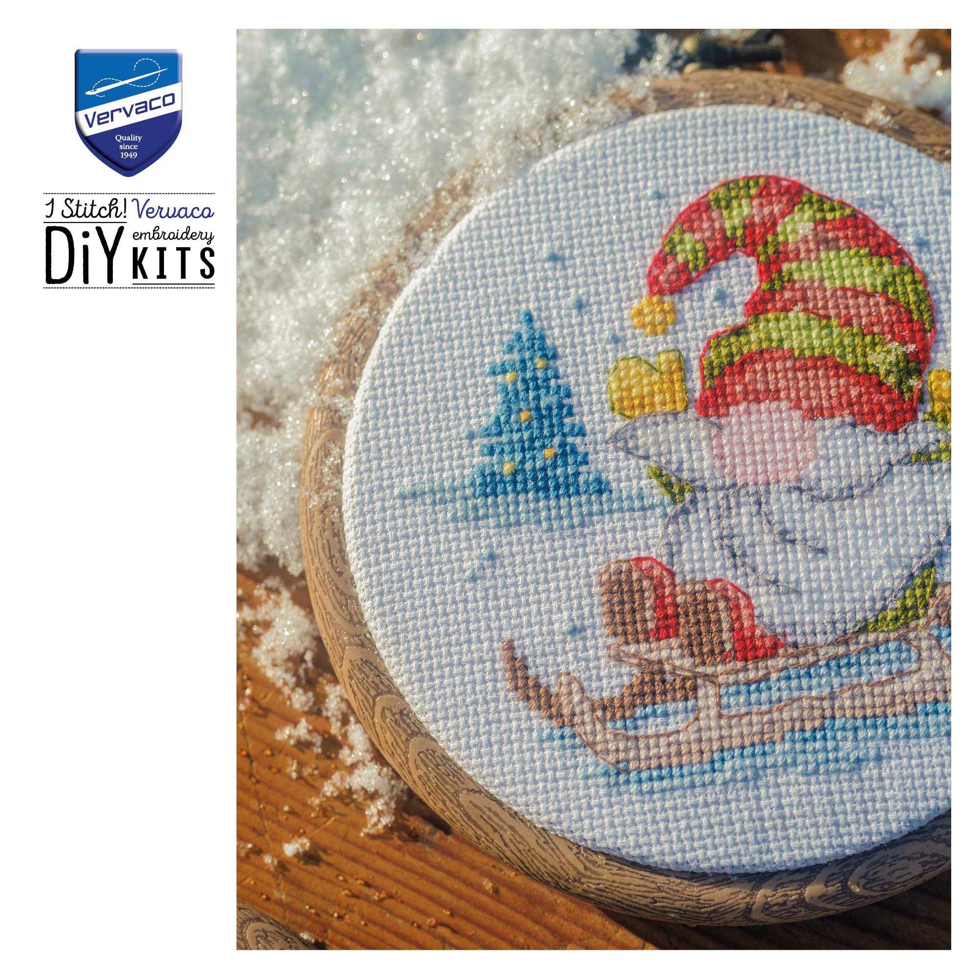Kit Point De Croix Compté Vervaco - 3 Cartes De Voeux "Gnomes De Noël" - Taille Environ 10.5x15 Cm - Fourni Complet