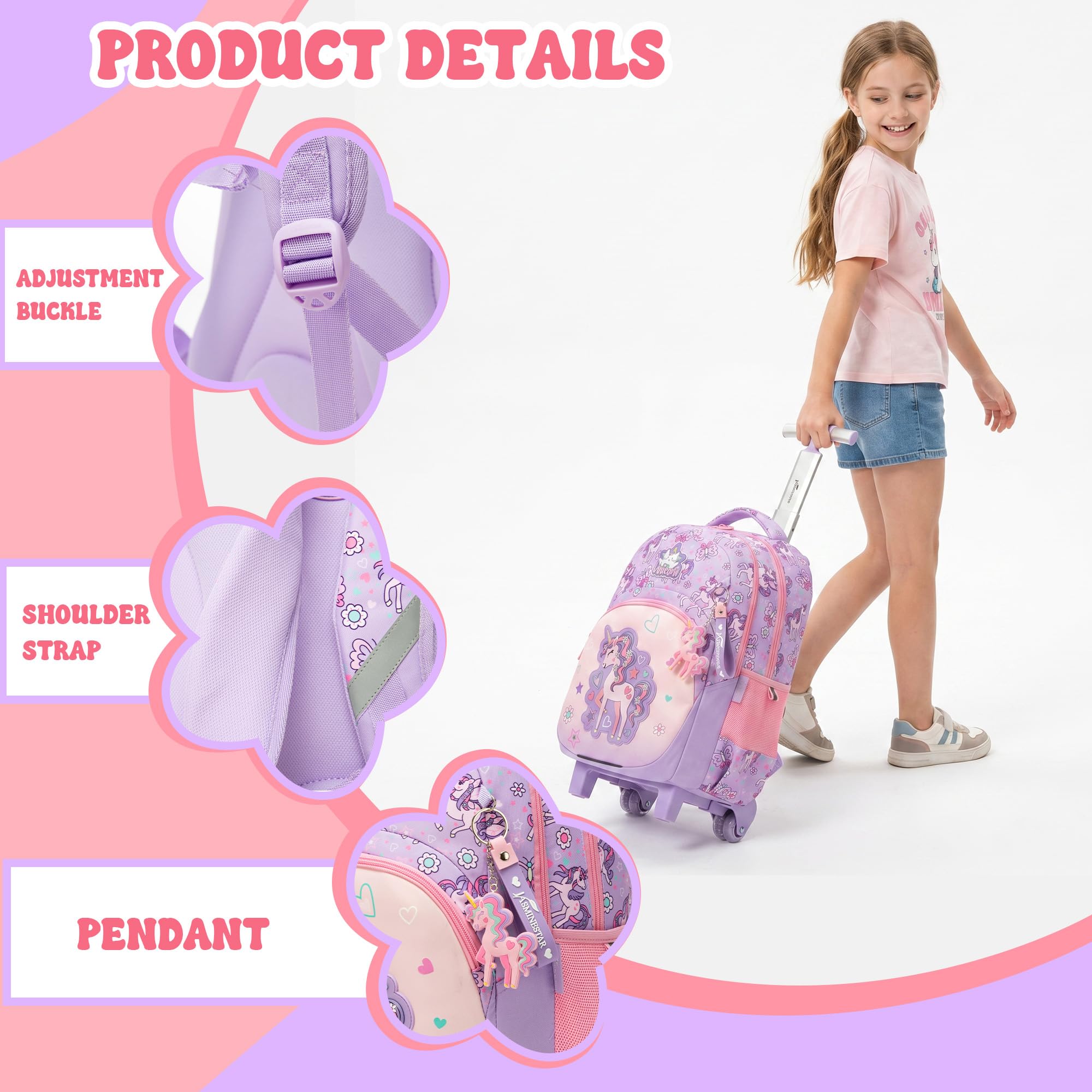 HTgroce 3-Teiliges Schulranzen mit Rollen Mädchen Einhorn, Ergonomisch Schulranzen Trolley inkl. Lunchtasche & Federmäppchen Grundschule Schultasche für Schule & Reisen