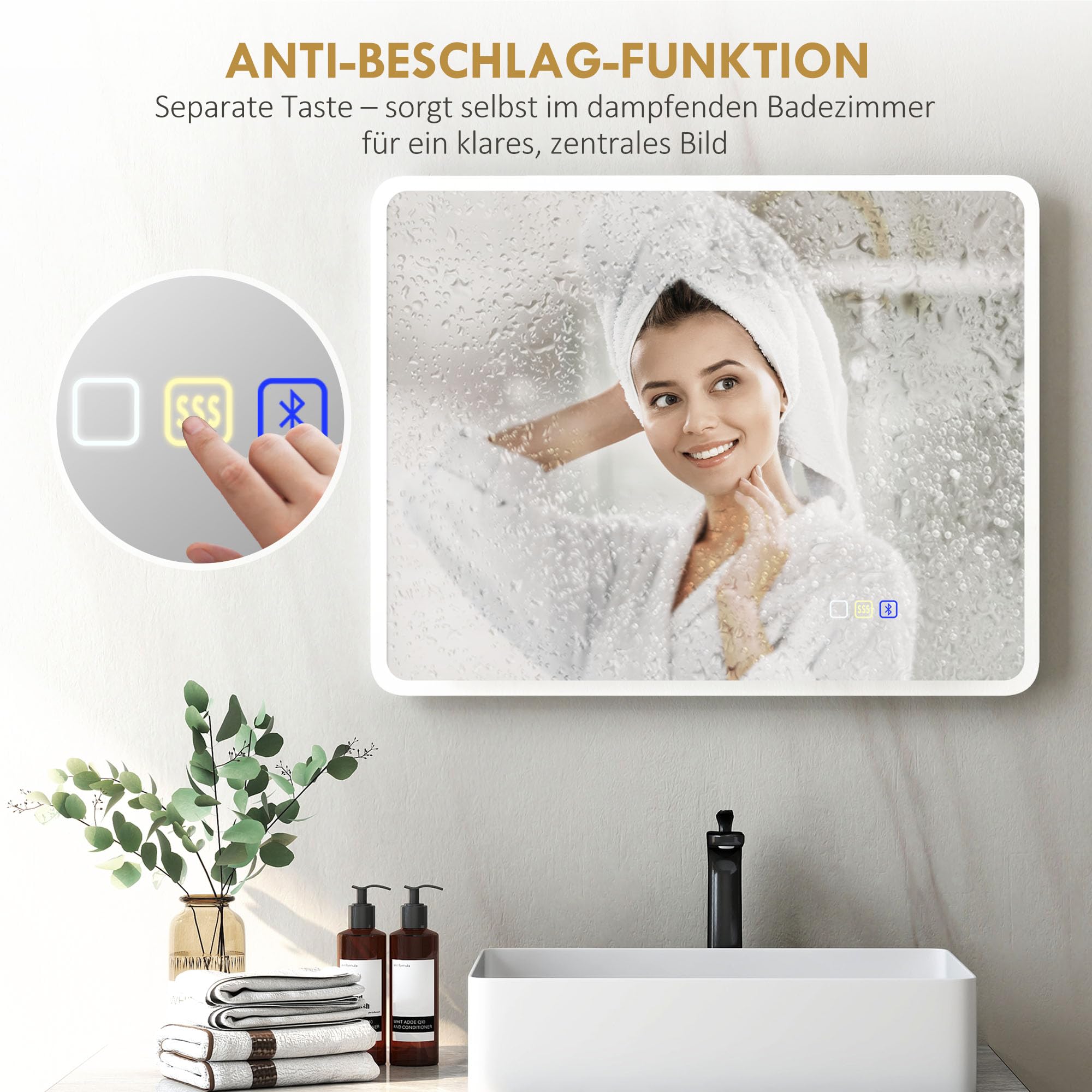 HOMCOM Badspiegel mit Beleuchtung 90x70 cm dimmbar LED Spiegel mit Touchschalter Bluetooth Memory-Funktion 3 Lichtfarben, Beschlagfrei Wandspiegel Lichtspiegel Silber