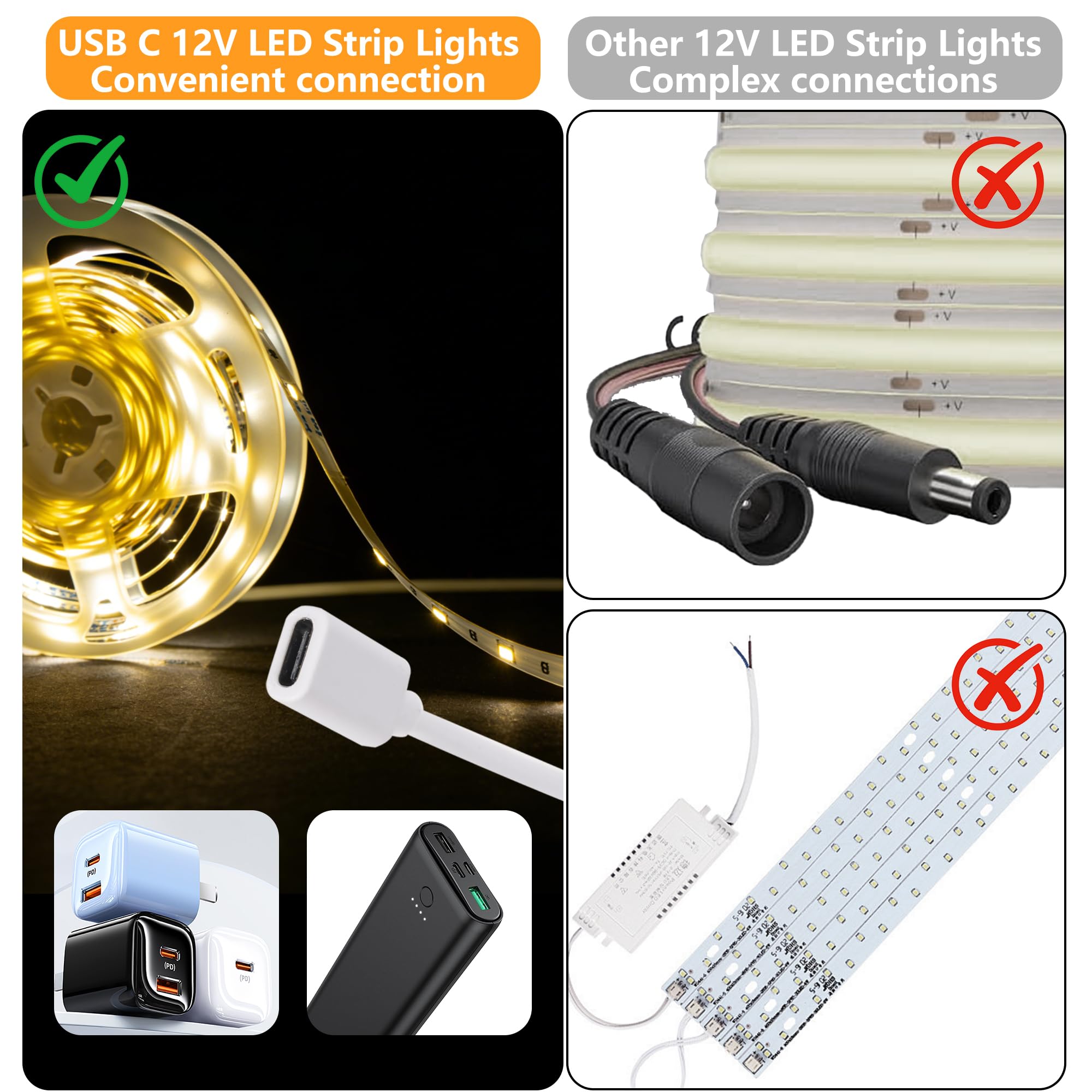 Striscia LED USB C 12 V 5 m, luminosa illuminazione sotto armadio per cucina, retroilluminazione TV e camper, nastro flessibile per stampante 3D e scrivania