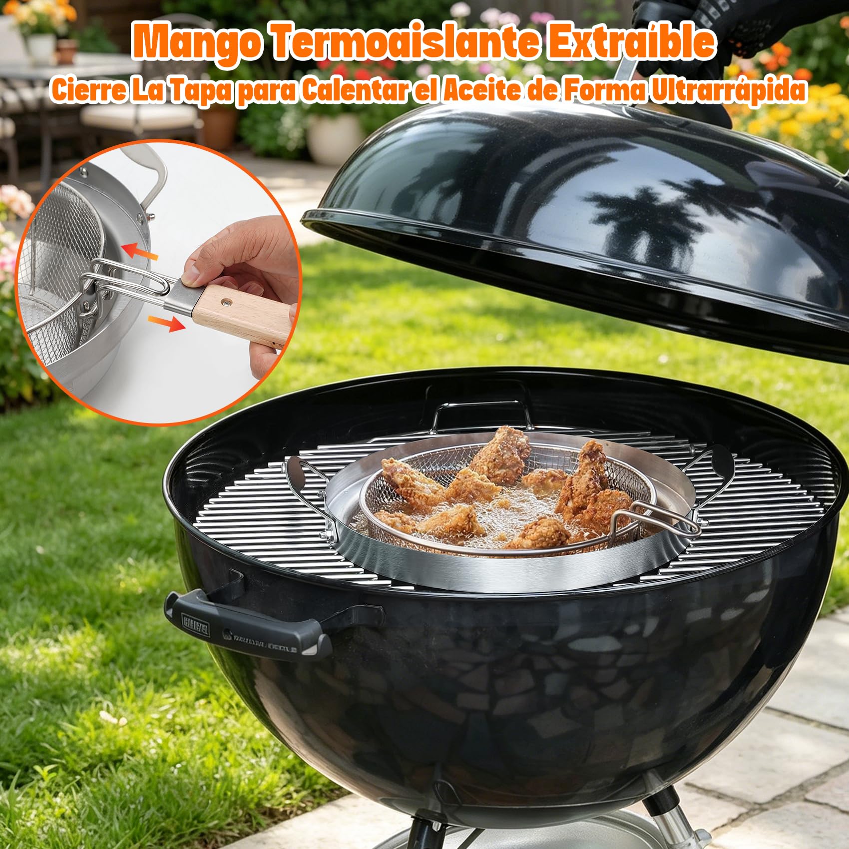 Onlyfire Freidora de Acero Inoxidable para Weber Gourmet BBQ System, Set de Olla y Cesta para Barbacoa de 57 cm, con Mango de Madera Extraíble, Ideal para Patatas Fritas y Alitas