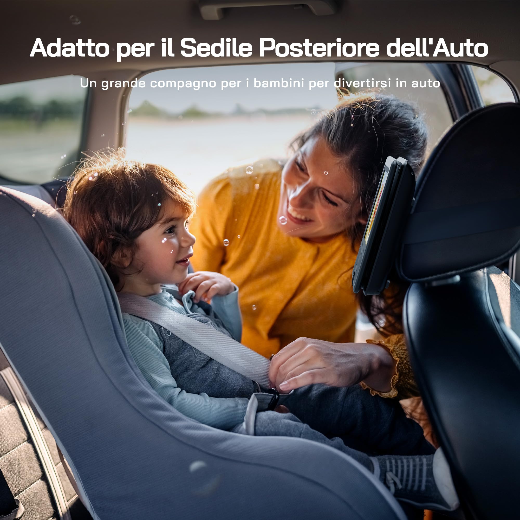 WOLFANG Lettore DVD portatile 9,5" schermo girevole HD 7,5" altoparlanti stereo batteria 6 ore Sync-TV USB SD