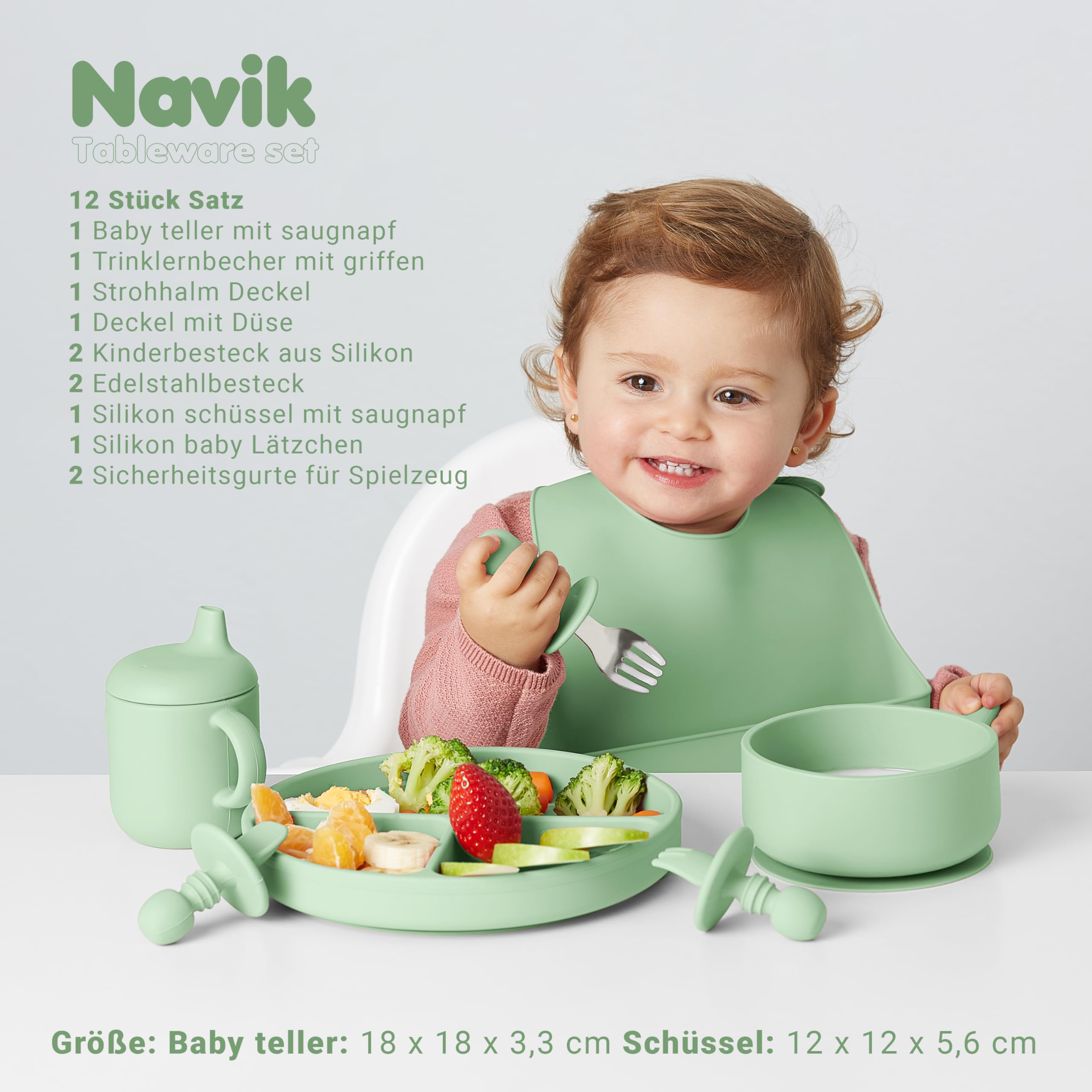Navik | Baby Geschirrset 12 Stücke | Silikon babyteller | trinkbecher kinder mit griffen | lernlöffel und schüssel | ab 6 monate | grün