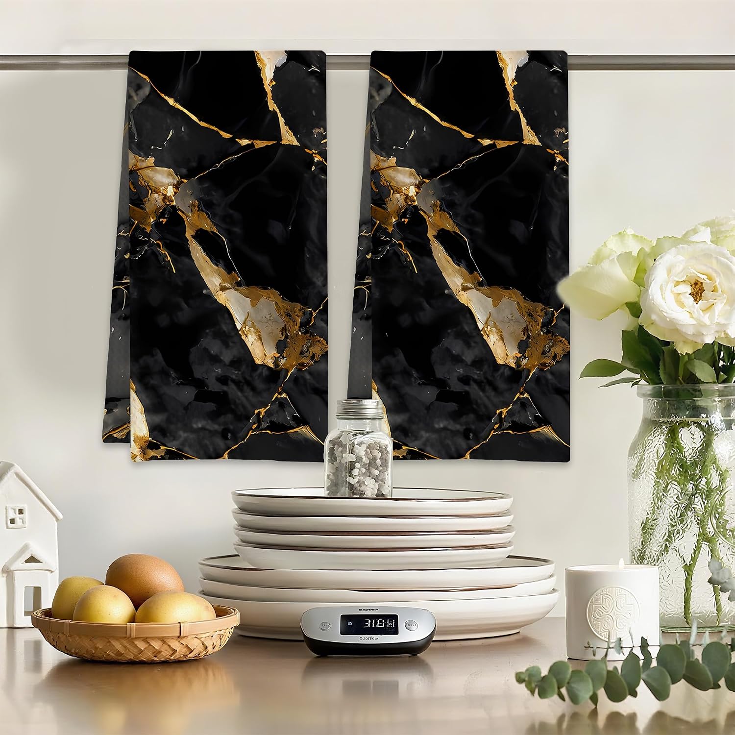 Gold Black Marble Hand Towels Set of 2,Waffle Weave Soft Absorbent Kitchen Dish Towels,Decorative Bathroom Towel for Hotel Bath Gym Yoga 16"x24"