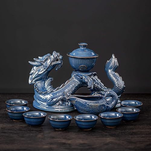 Miniatura 14 de Tetera de cerámica con infusor Juego de té semiautomático, tetera mágica con 8 tazas de color degradado (dragón degradado, C)