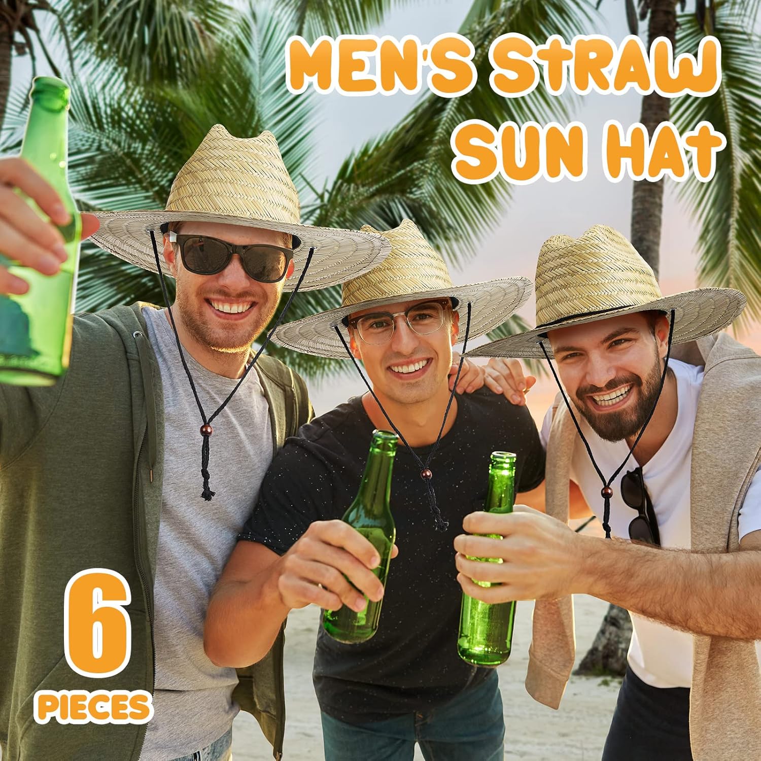 6 Pieces Men's Straw Sun Hat Wide Brim Summer Beach Hat Farmer Sun Protection Straw Hat with Removable Wind Lanyard Yellow - Image 3