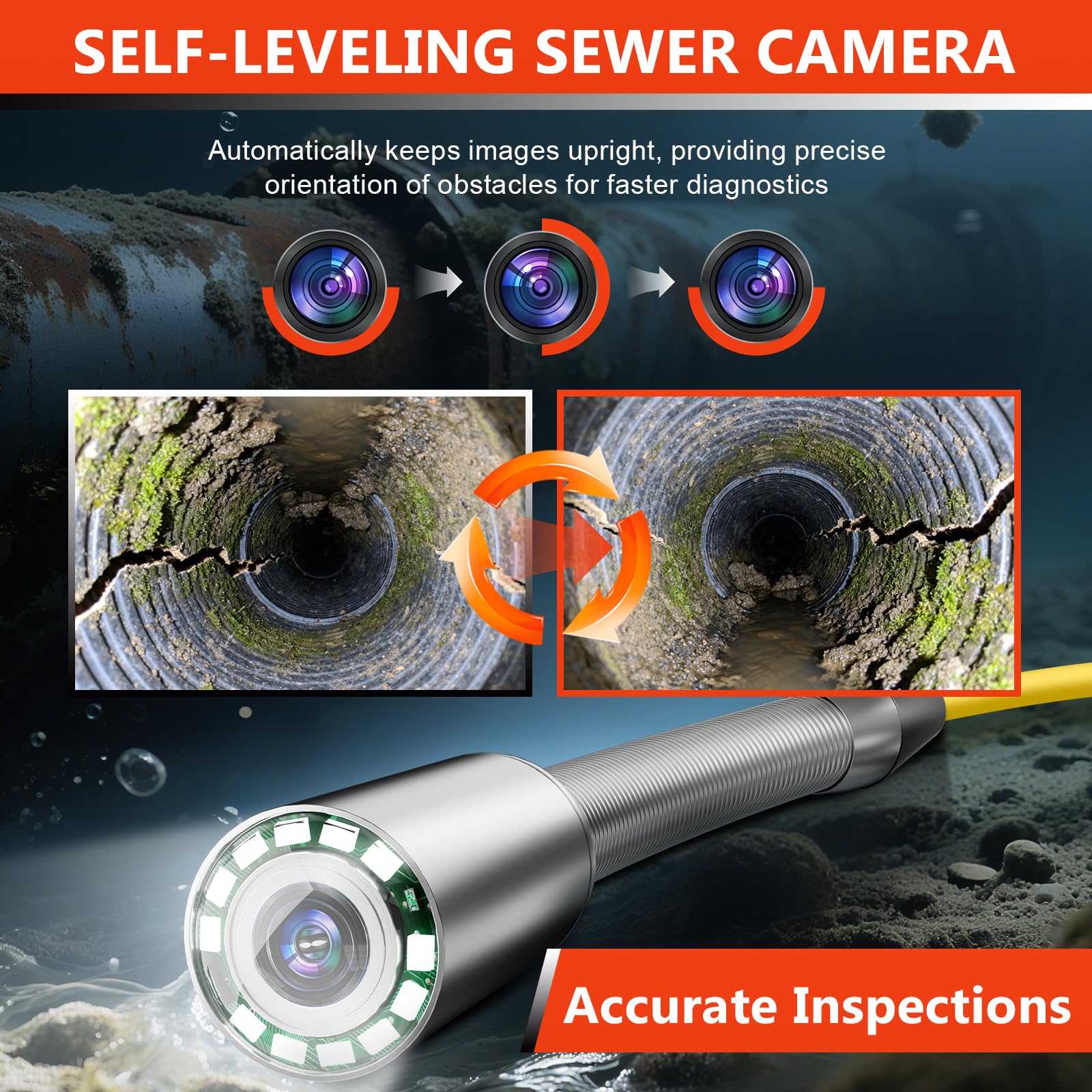 Cámara de alcantarillado, cámara de drenaje autonivelante de 100 pies con contador de distancia, 9 pulgadas 1080P HD cámaras de fontanería serpiente con 12 luces LED, IP68 y 32 GB DVR, endoscopio