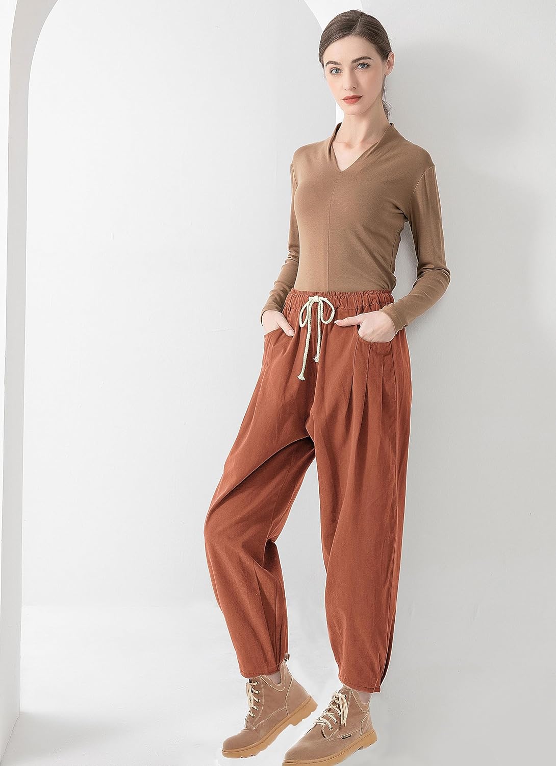 Minibee Women's Baggy Harem Pants Wide Leg Casual Pant Summer Cotton Drawstring Trousers with Pockets - Image 6