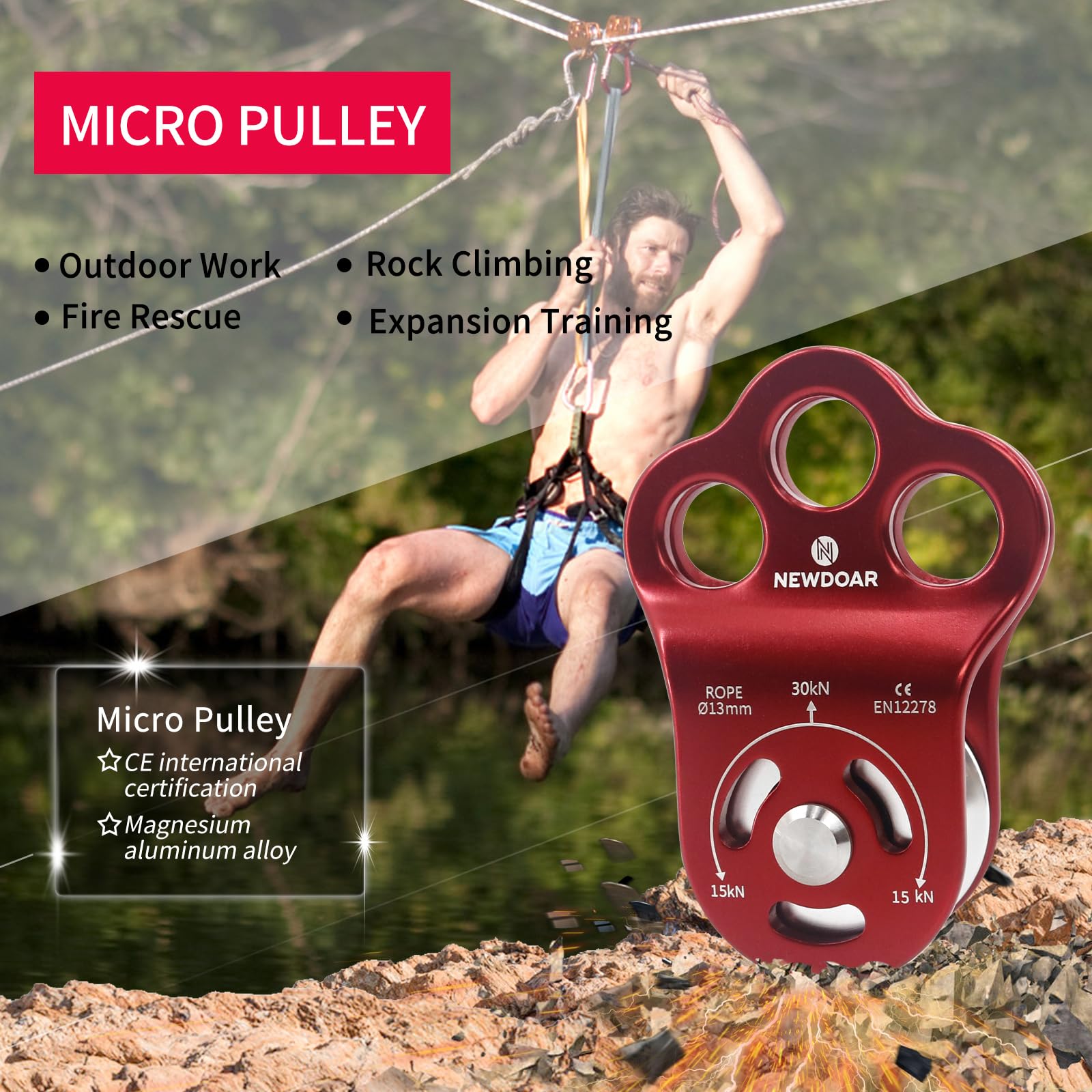 NewDoar 30 KN CE-zertifizierte DREI-Loch-Rettungs Kletterrolle Mikro Seilrolle für max. 13 mm Umlenkrolle mit Lager zum Abseilen, langlebige Seitenplatten