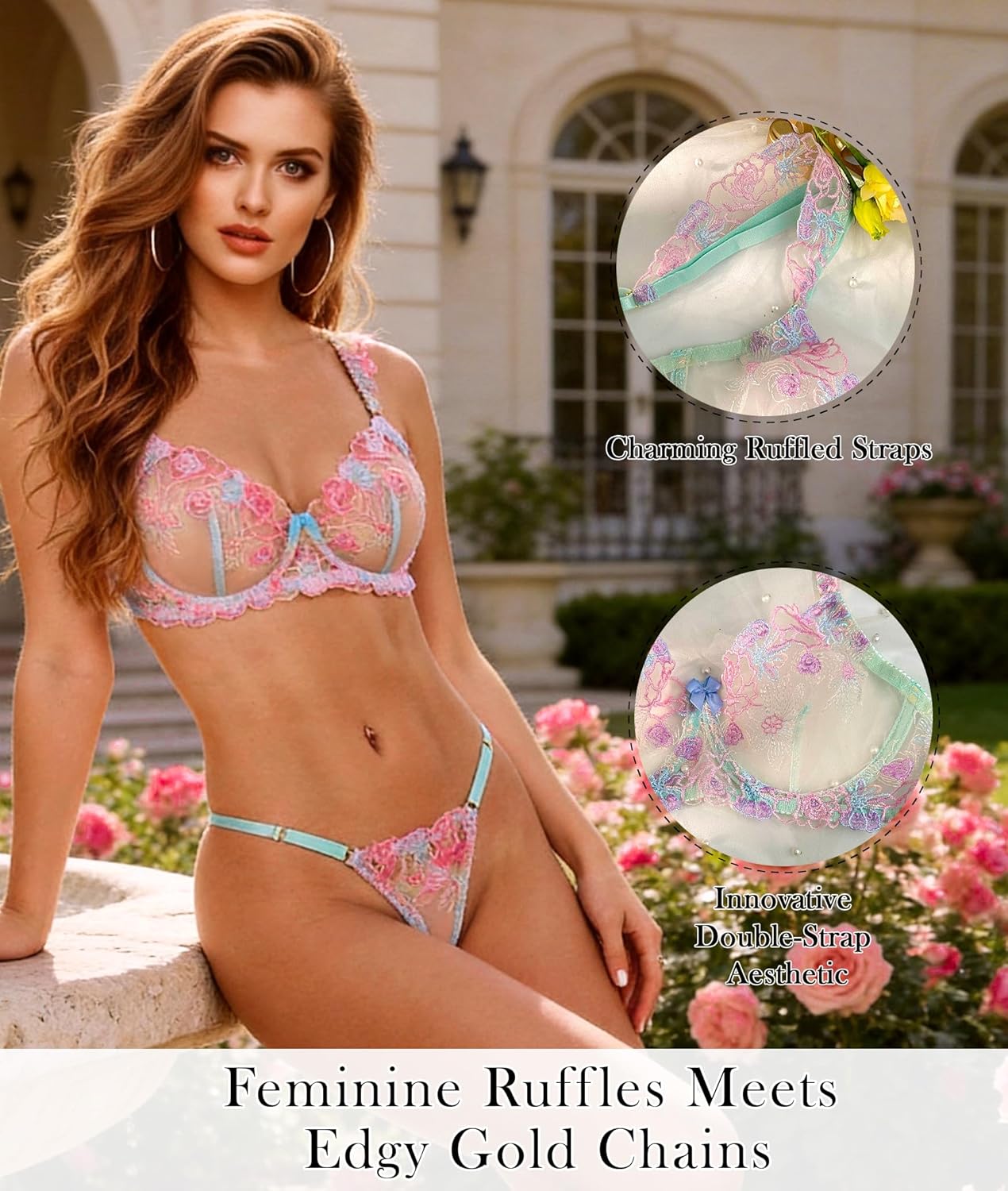 HELLOLAGIRL Blue Butterfly Bow Colorful Embroidered Flower Lingerie Set