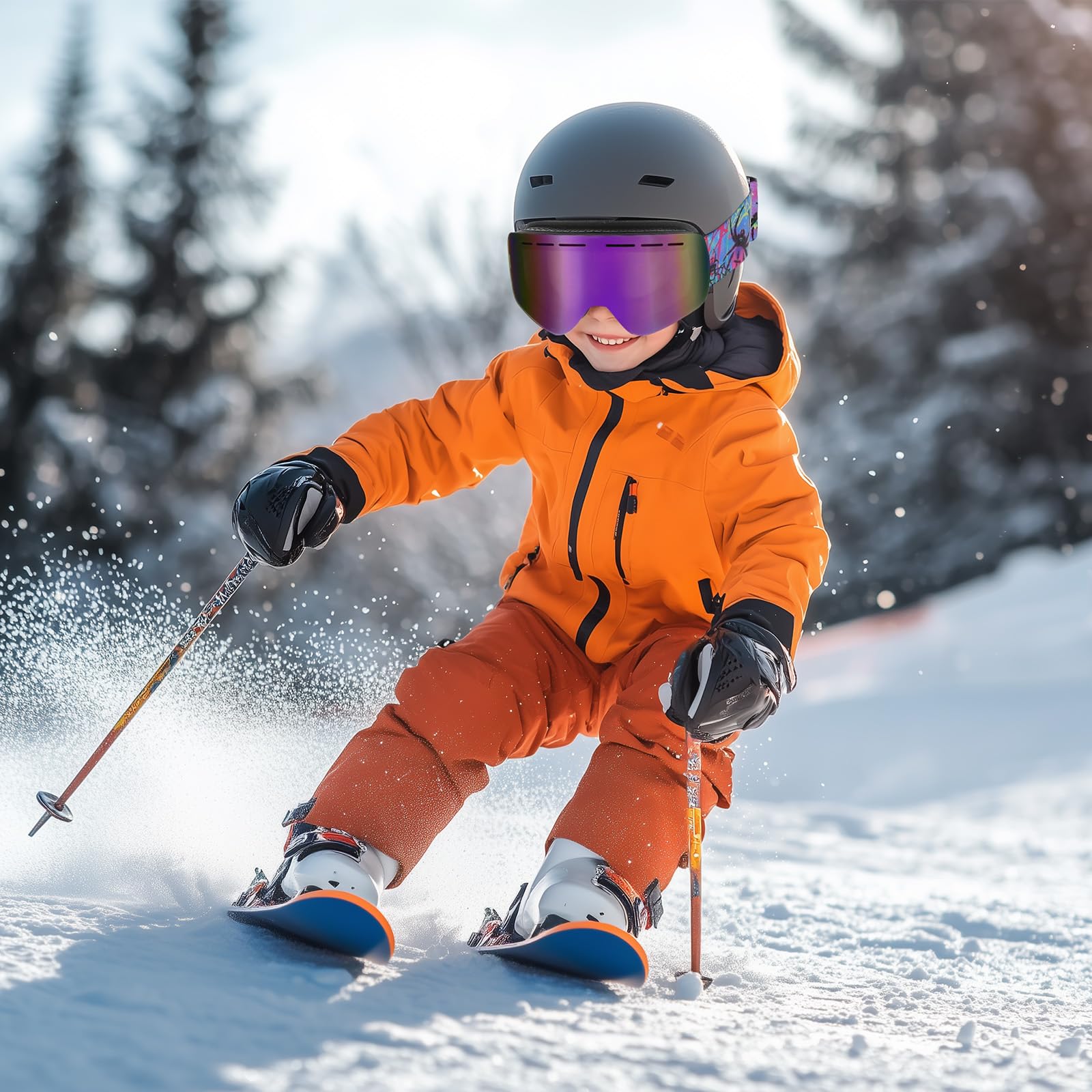 Gogle narciarskie dla dzieci, przeciwmgielne okulary snowboardowe z podwójną soczewką dla dzieci w wieku 6-14 lat, OTG, anty-100% UV 400, gogle śniegowe dla chłopców i dziewcząt, dla narciarzy