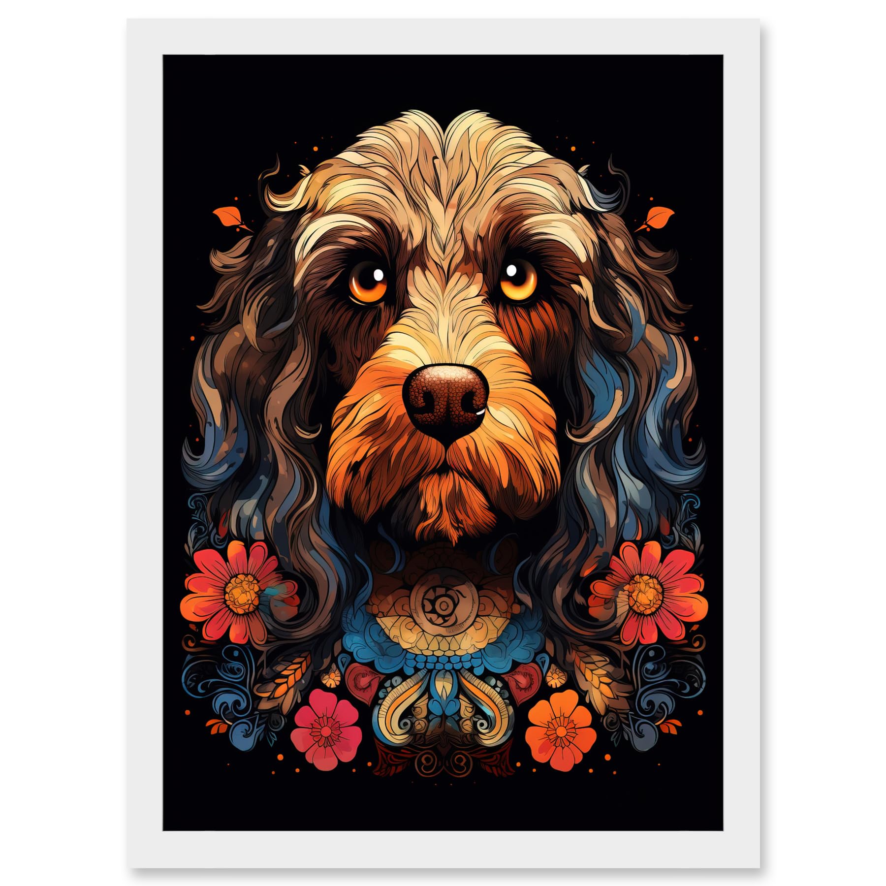 Artery8 Cockapoo Dog with Ornate Collar and Flowers Symmetrical Floral Artwork Orange Pink Blue Tribal Design on Black Artwork Framed A3 Wall Art Print