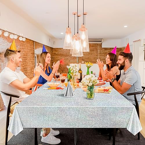 Miniatura 3 de 2 manteles plateados holográficos brillantes con láser de disco, manteles de plástico iridiscente de 40" x 108", funda de mesa blanca para