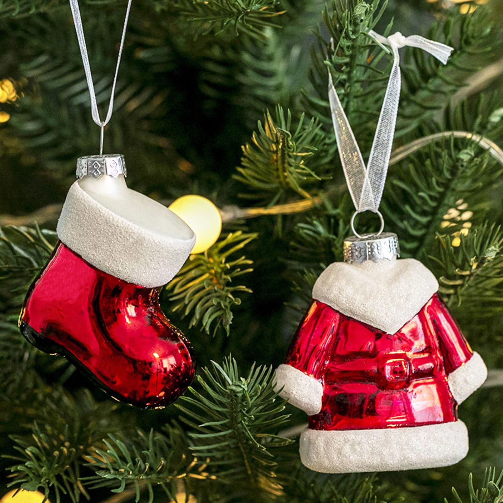 Glass Christmas Ornaments, 2Pack Santa Clothes and Santa Boot Glass Ornaments, Mouth-Blown and Hand-Painted Christmas Ornaments Set