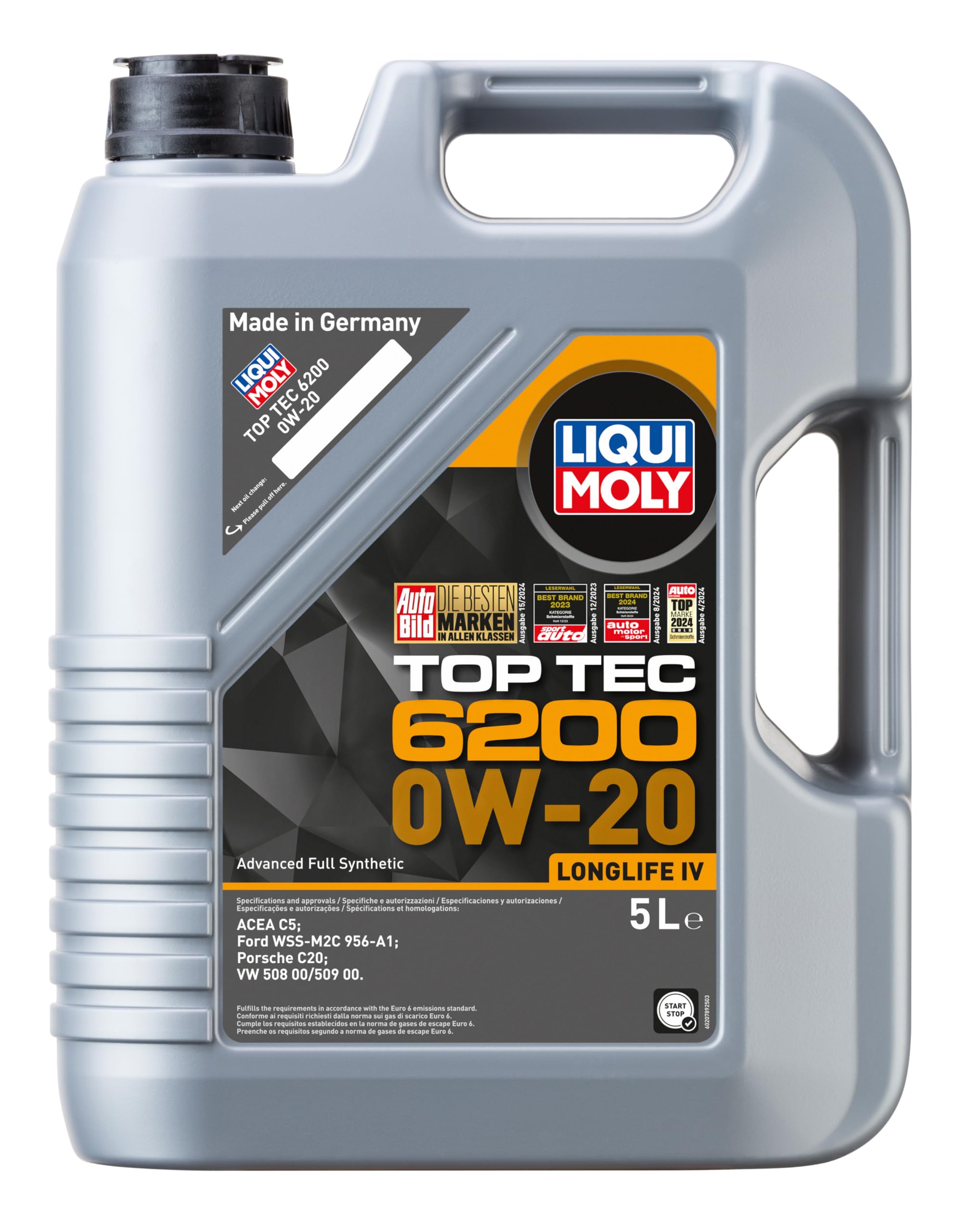 LIQUI MOLY Motoröl 0W-20 Top Tec Motor Öl ACEA C5 6200 5L Kompatibel mit VW Golf 7 Schrägheck 5G1, BQ1, BE1, BE2 Polo Schrägheck 6R1, 6C1 Passat Variant 3G5, CB5, AUDI A6 Avant 4G5, 4GD, C7, SKODA