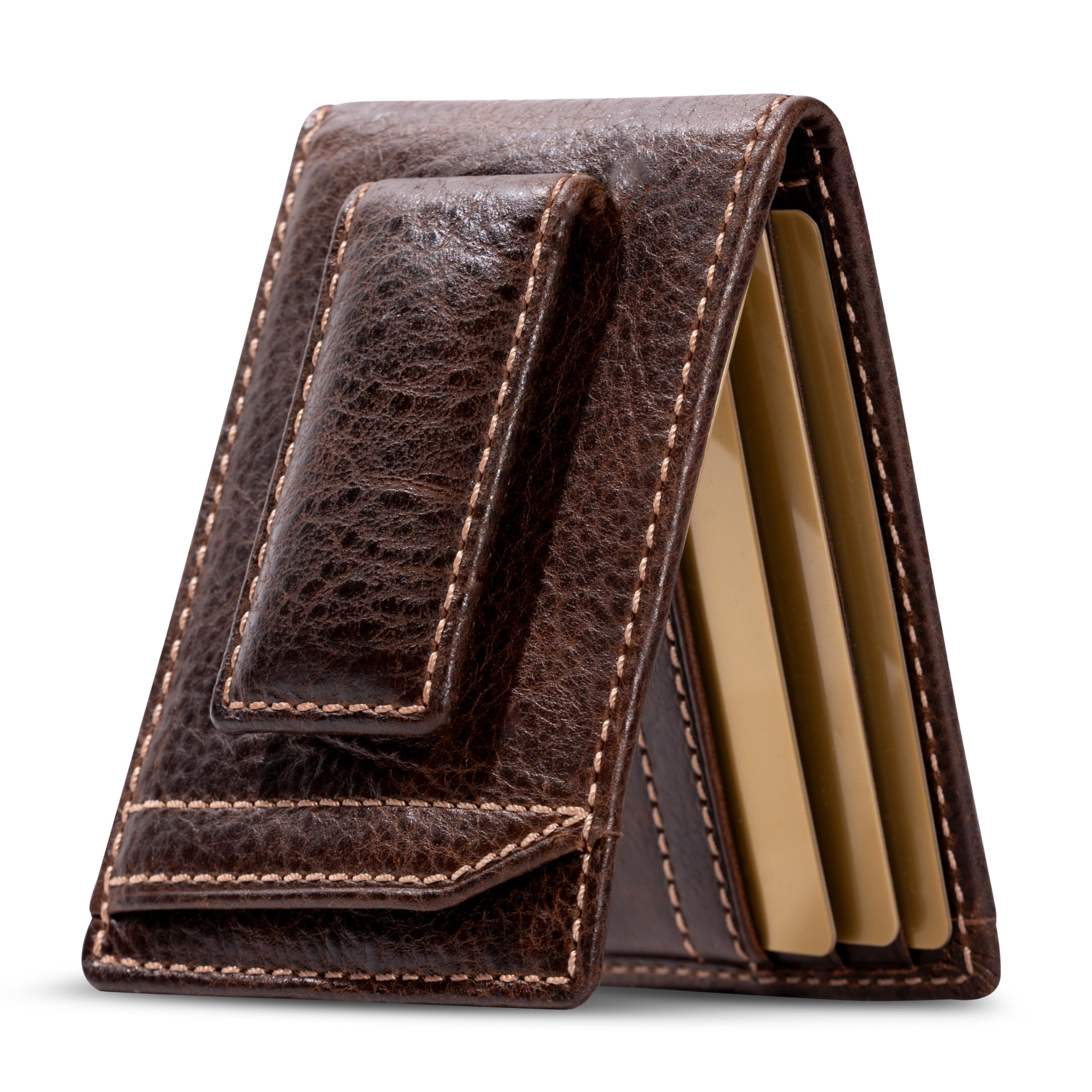 House of Jack Co. Ivor Bifold Money Clip Wallet for Men, Slim Front Pocket Wallet with Strong Magnetic Clip, Exterior ID Window, Full Grain Cowhide, Brown