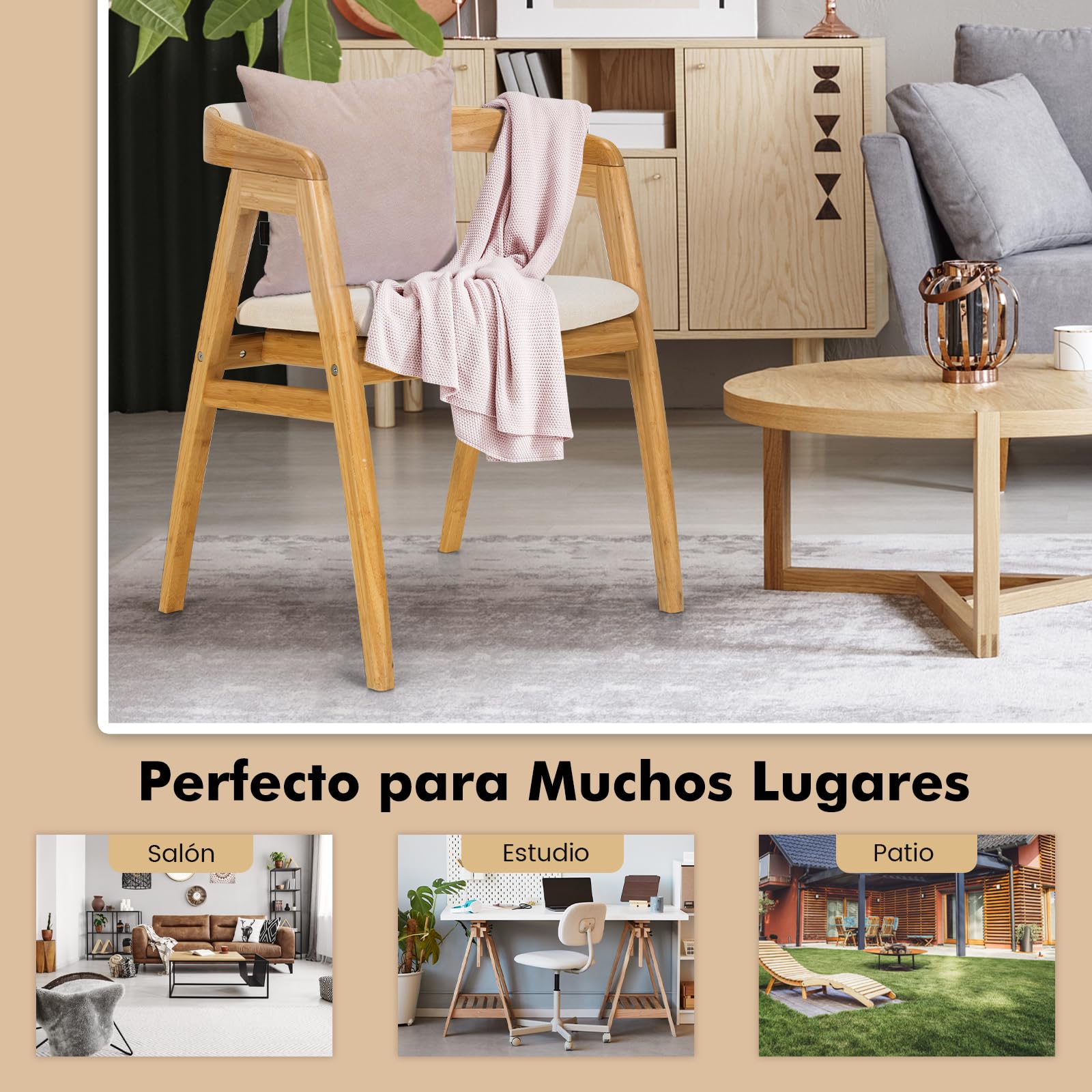 COSTWAY Silla Comedor de Bambú, Silla Tocador con Respaldo Curvo y Cojín, Sillas Salon Cocina Dormitorio, Natual, 57 x 54 x 73 cm