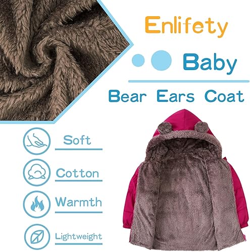Enlifety 6M-5T Baby Toddler Winter Fleece Coat Boys Girls Cute Bear Ear Hooded Jackets with Pockets(Rose Red,1-2T)