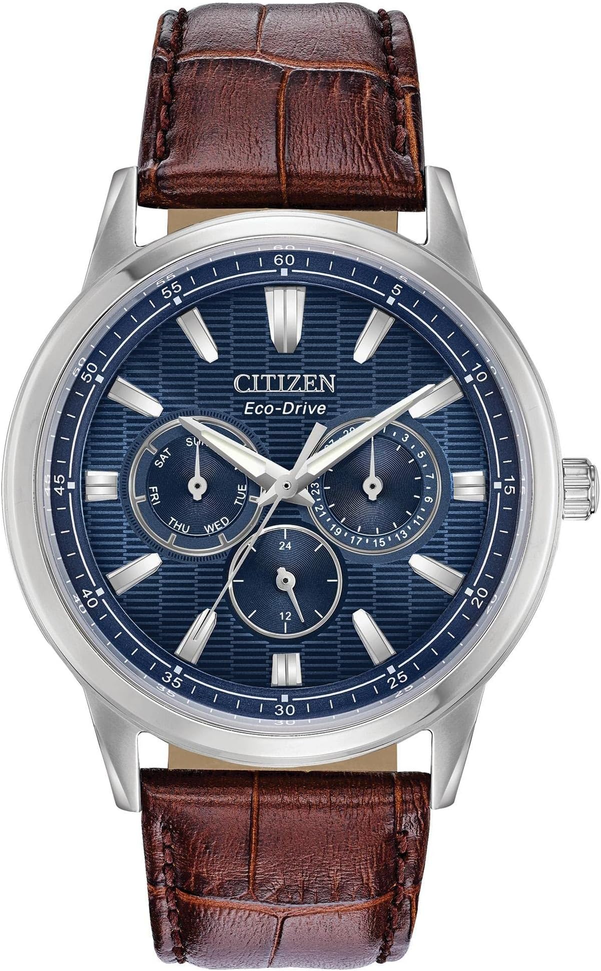 CITIZEN Men's Eco-Drive Corso Classic Watch in Stainless Steel with Brown Leather Strap, Blue Dial (Model: BU2070-12L)